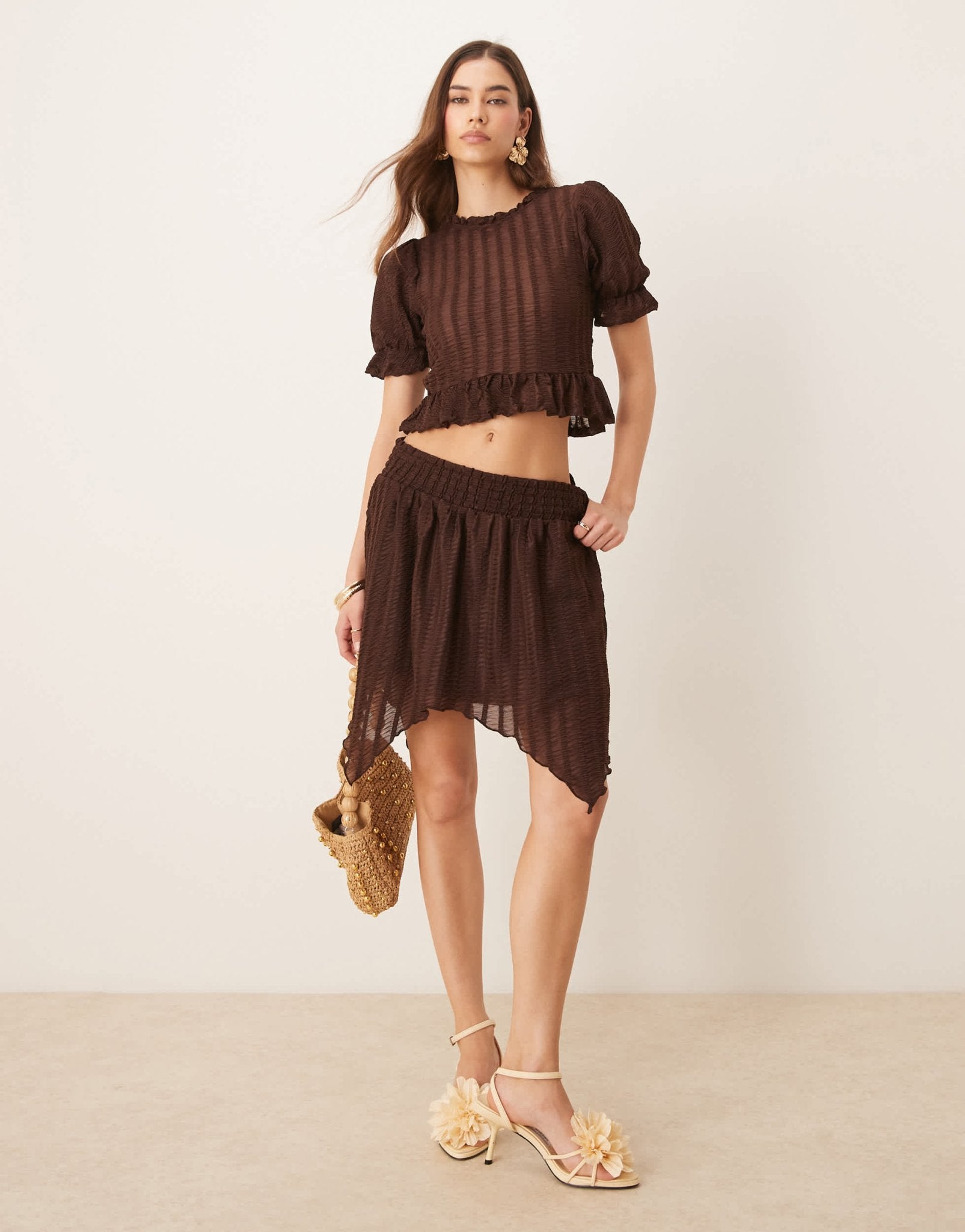 ASOS DESIGN co - ord textured ruffle hanky hem mini skirt in brown - ASOS Sample Sale