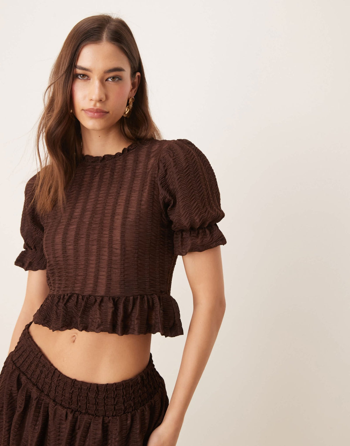 ASOS DESIGN co-ord textured shirred top with ruffle detailing in brown - ASOS Sample Sale