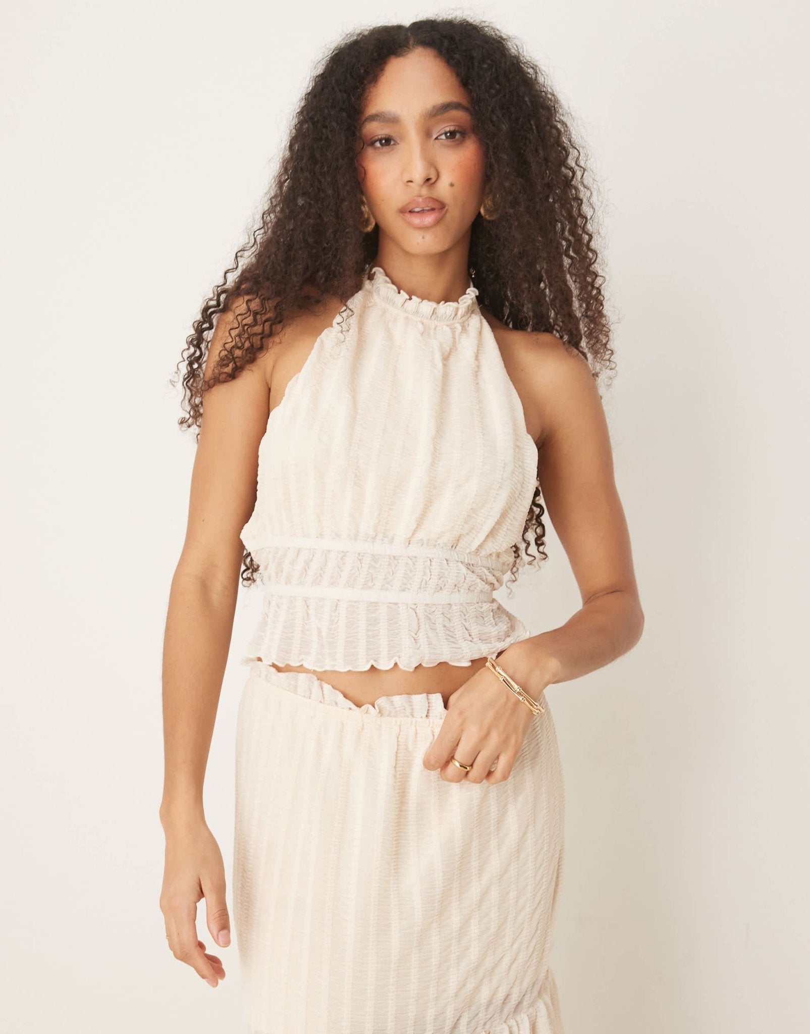 ASOS DESIGN co-ord textured sleeveless halter neck top with open back in cream - ASOS Sample Sale