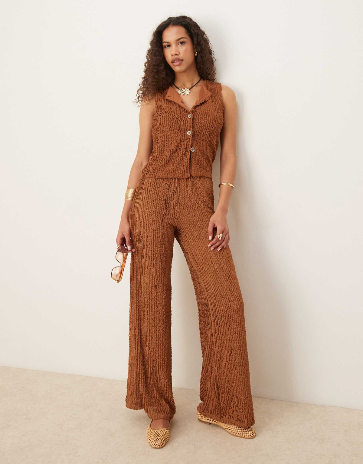 ASOS DESIGN co-ord textured wide leg in brown - ASOS Sample Sale