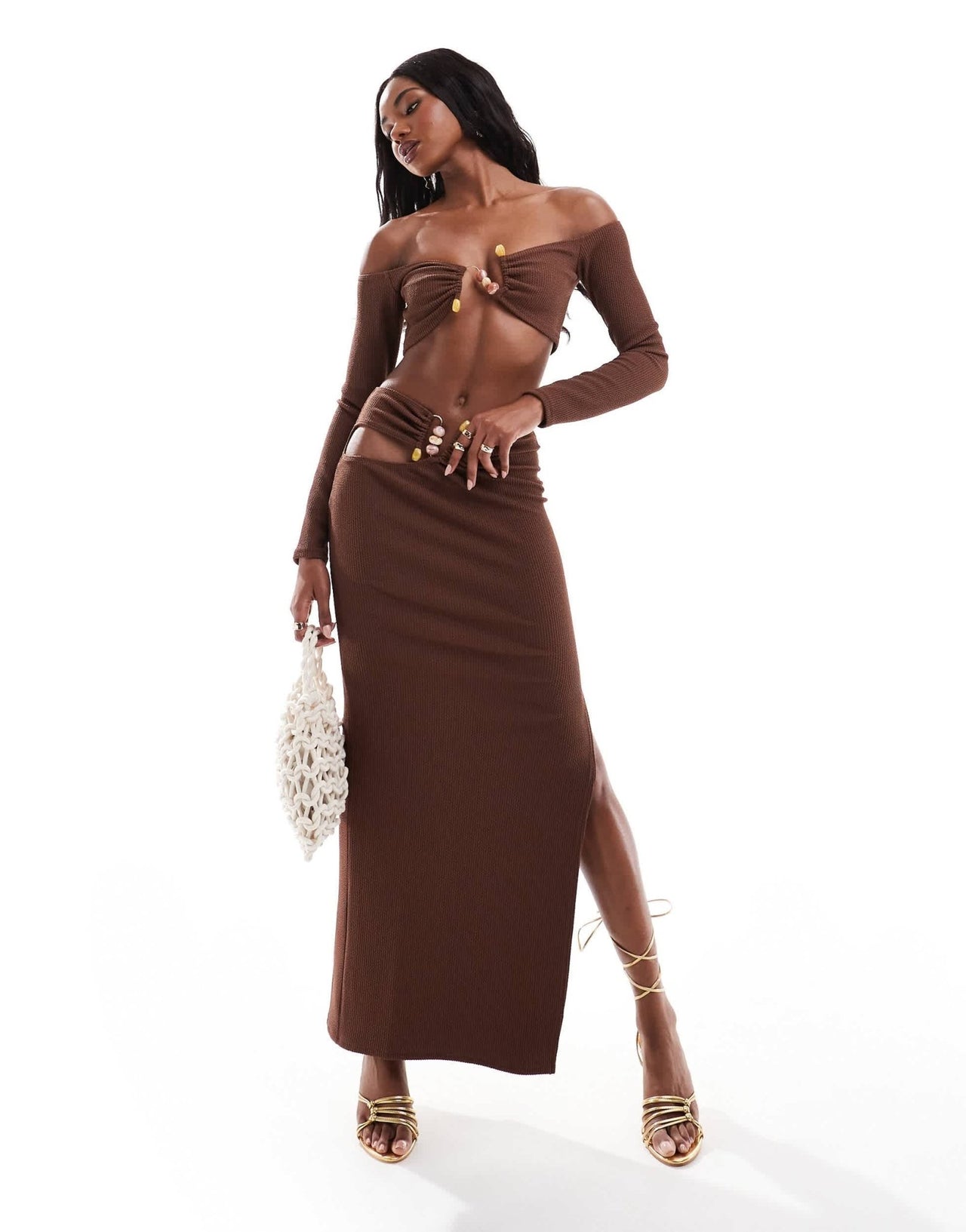 ASOS DESIGN co - ord trim detail bardot crop top in chocolate - ASOS Sample Sale