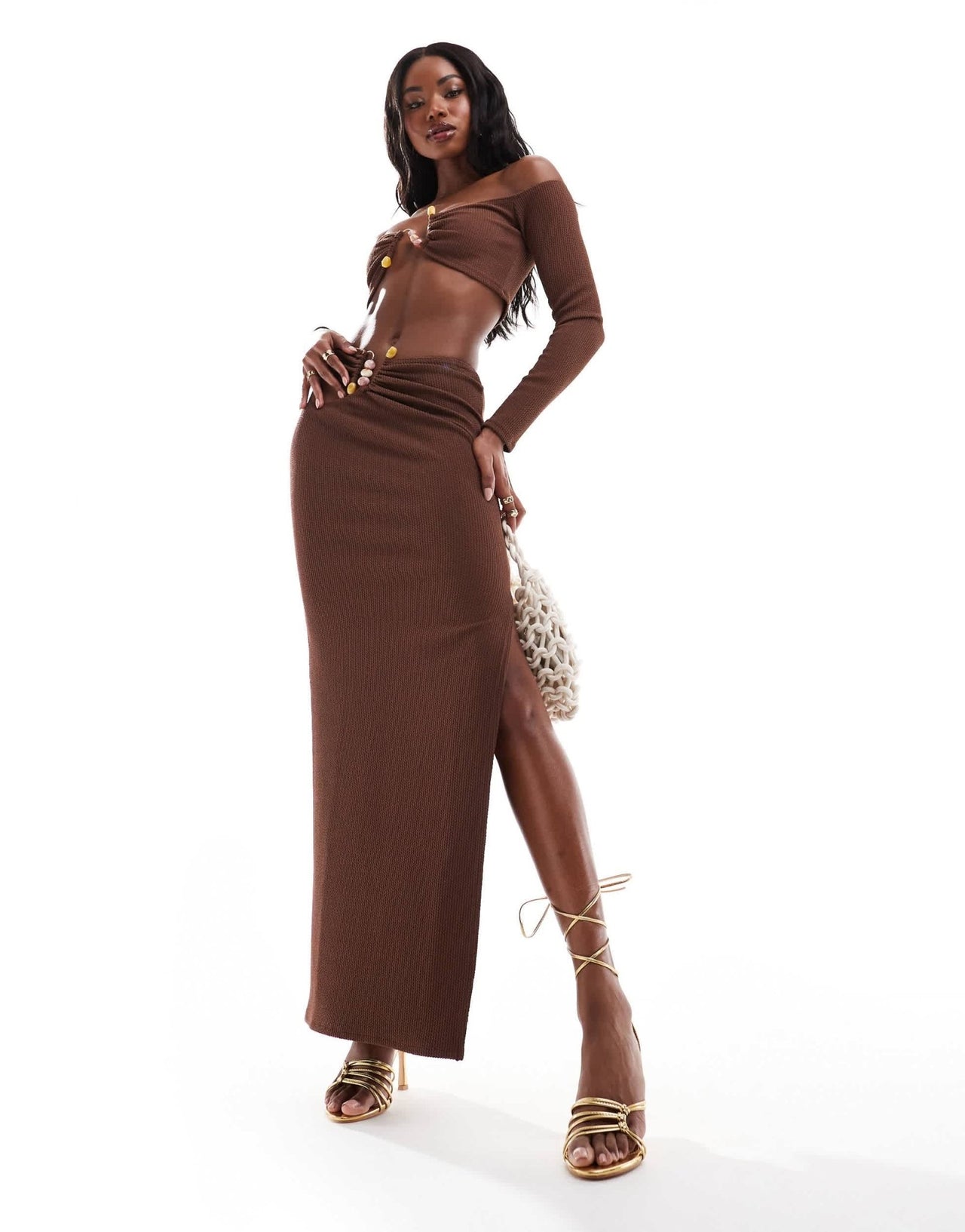 ASOS DESIGN co - ord trim detail maxi skirt in chocolate - ASOS Sample Sale