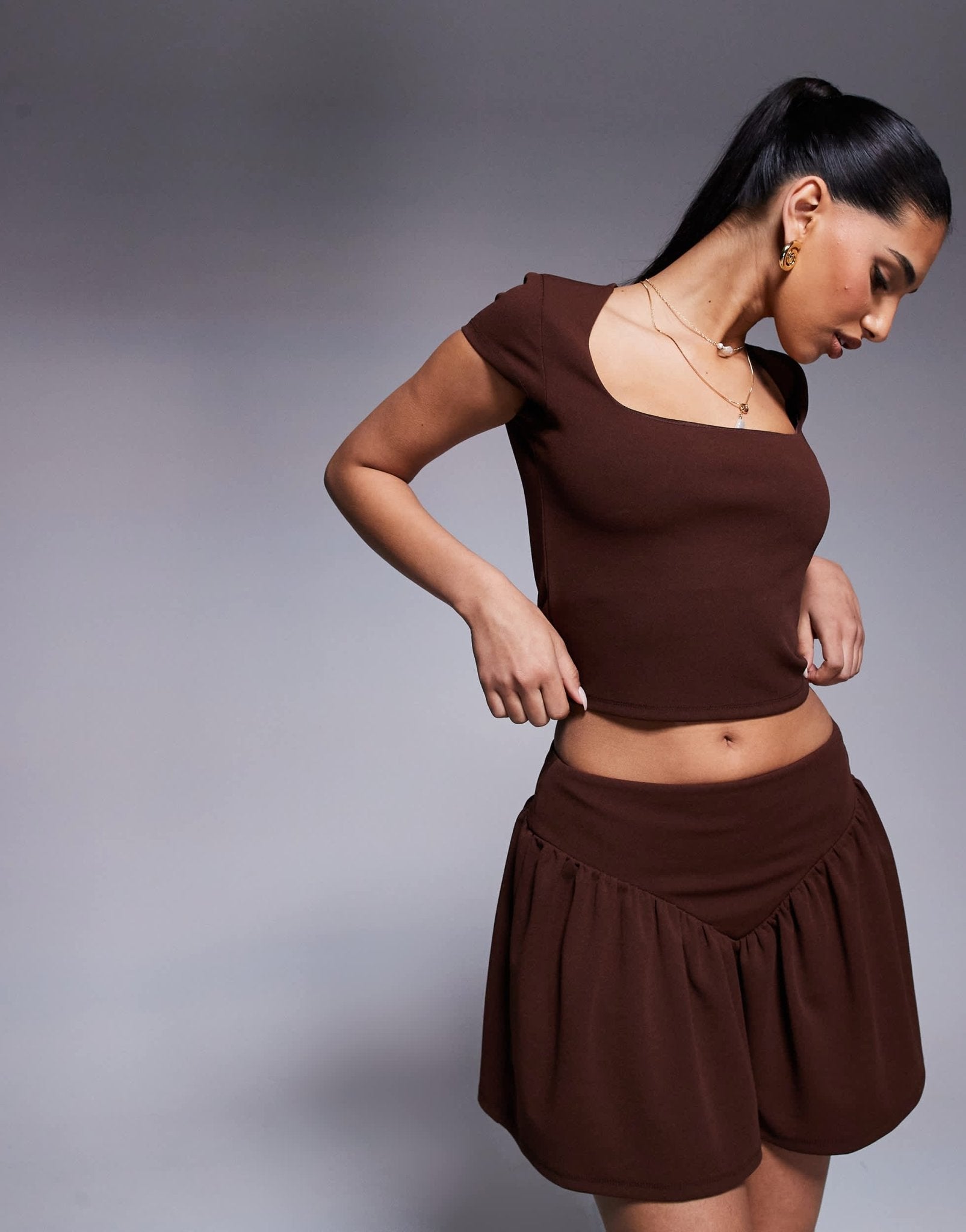 ASOS DESIGN co - ord v dropped waist mini skirt in chocolate - ASOS Sample Sale