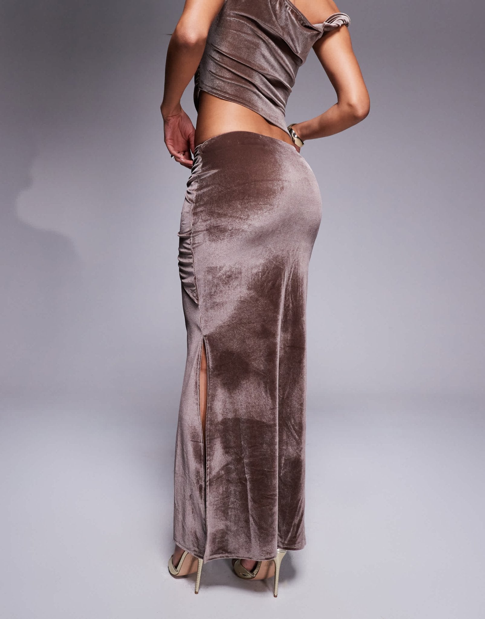 ASOS DESIGN co - ord velvet drape fishtail maxi skirt in mink - ASOS Sample Sale