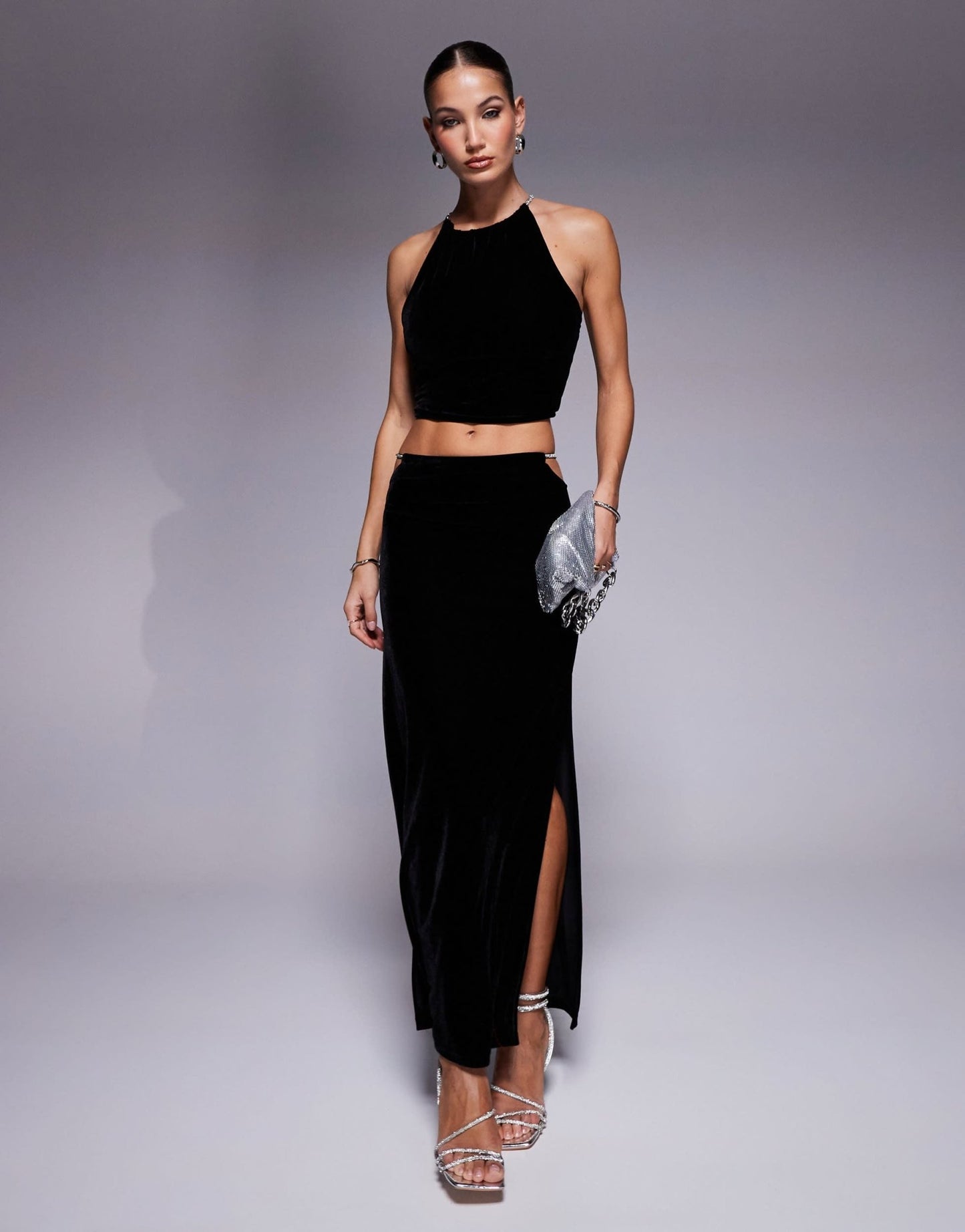 ASOS DESIGN co - ord velvet halter top with diamante trim in black - ASOS Sample Sale