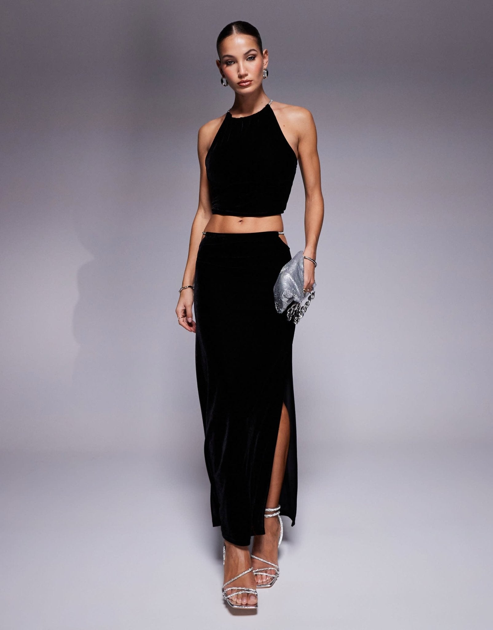 ASOS DESIGN co - ord velvet halter top with diamante trim in black - ASOS Sample Sale