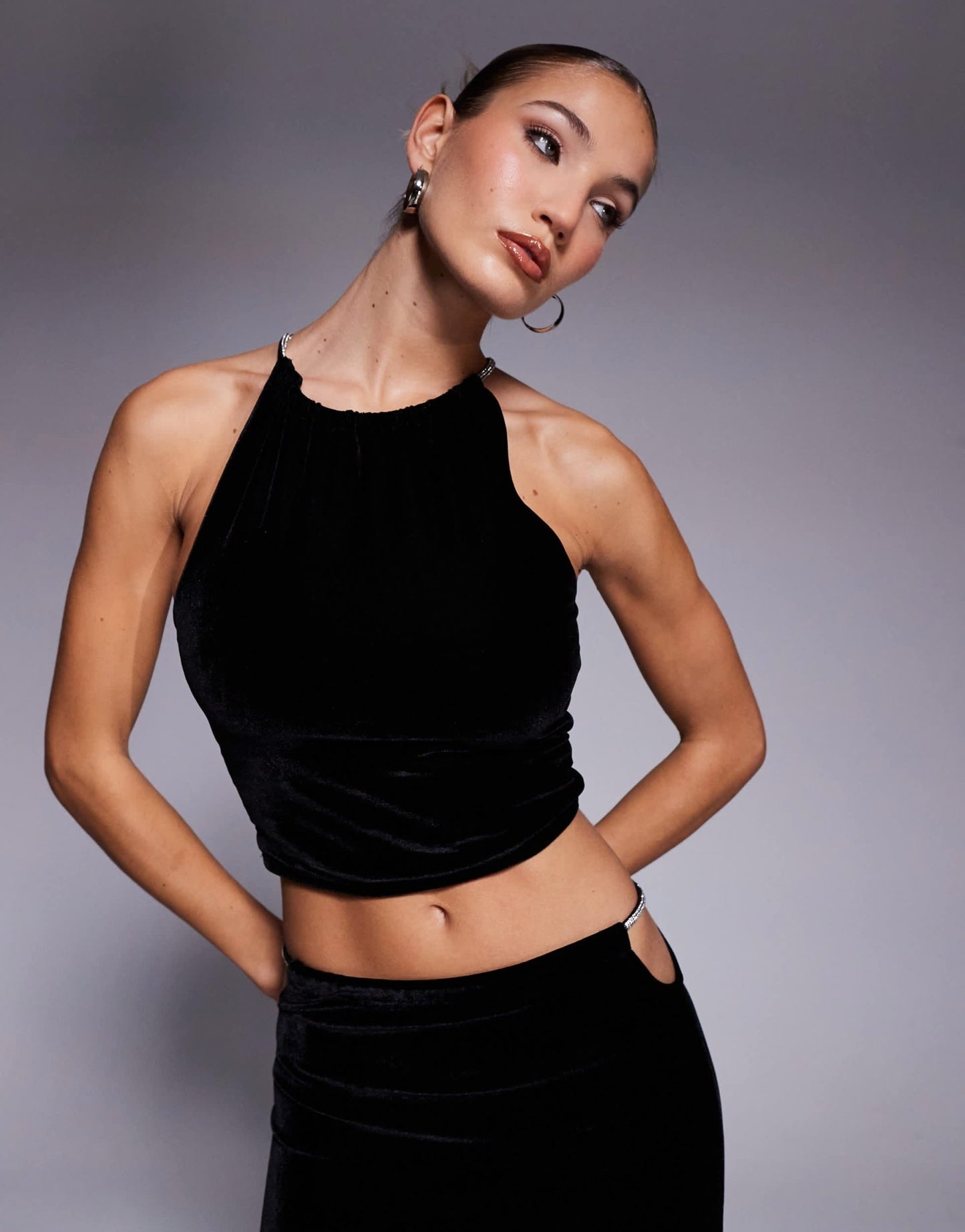 ASOS DESIGN co - ord velvet halter top with diamante trim in black - ASOS Sample Sale