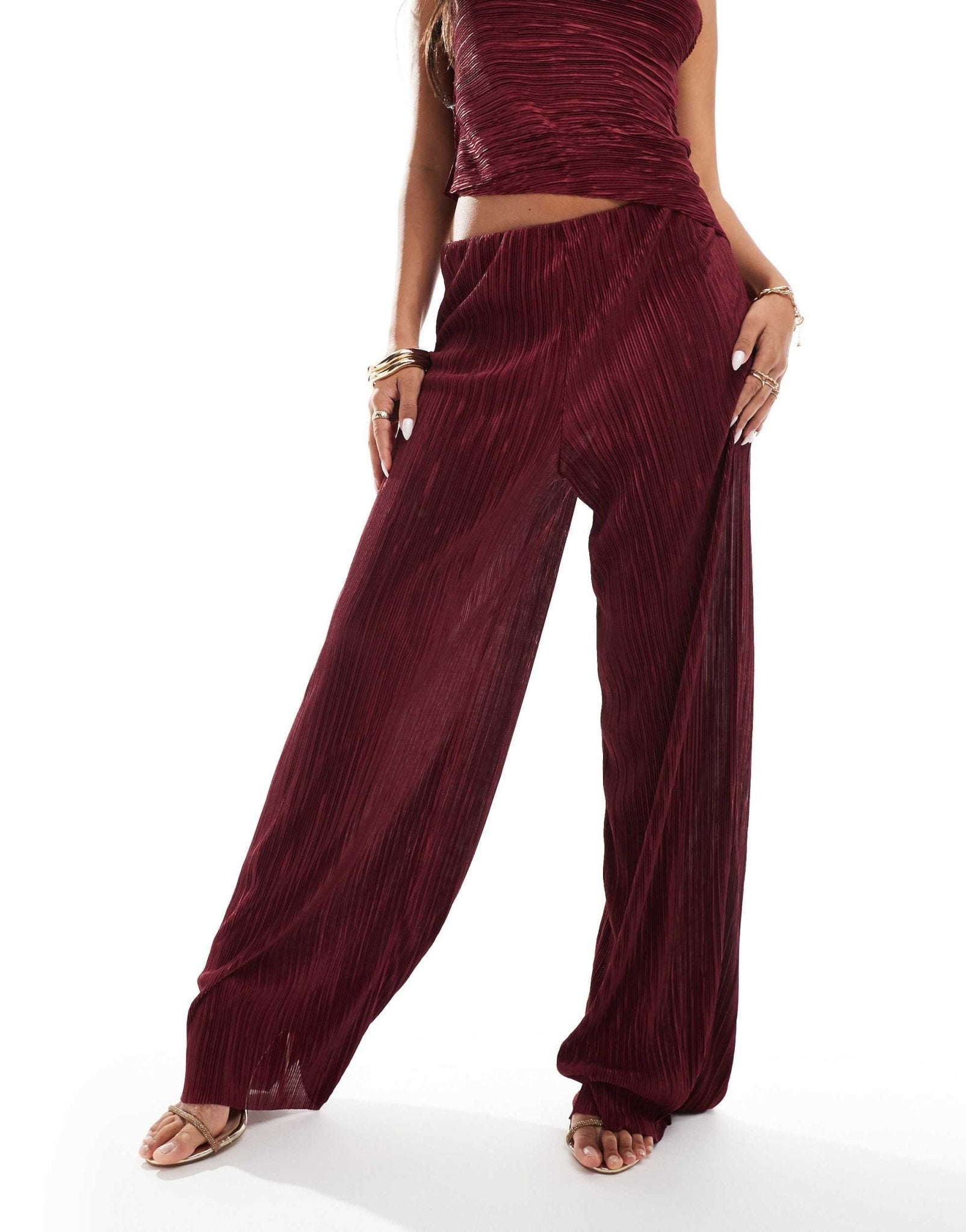 ASOS DESIGN co - ord wide leg high waisted plisse trouser in burgundy - ASOS Sample Sale