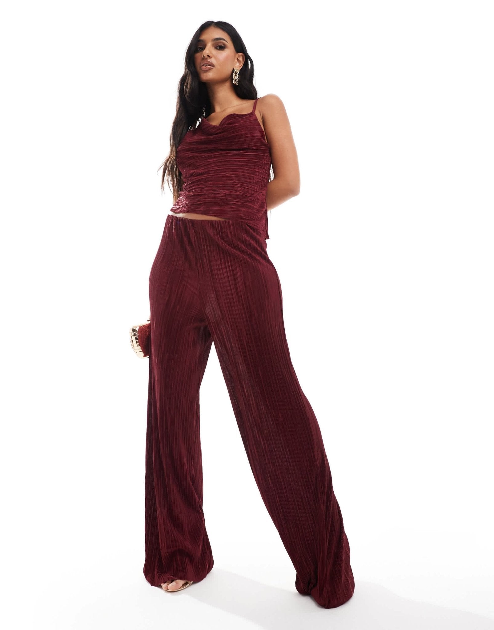 ASOS DESIGN co - ord wide leg high waisted plisse trouser in burgundy - ASOS Sample Sale