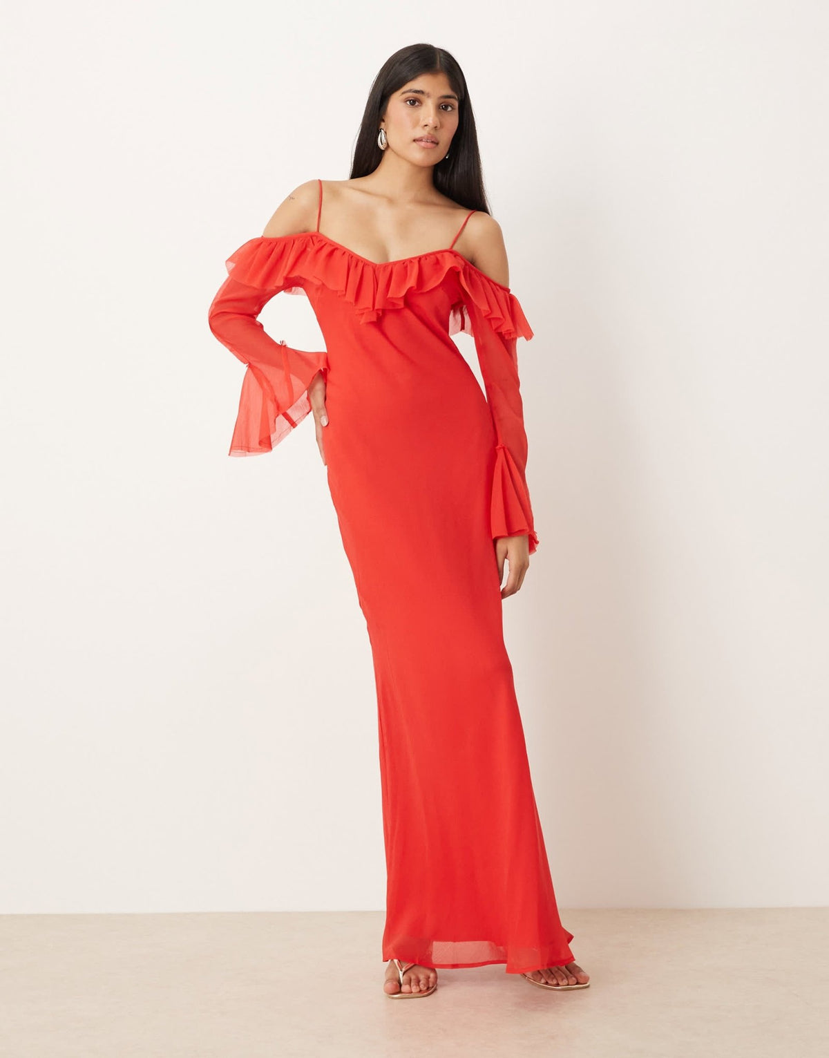 ASOS DESIGN cold shoulder frill long sleeve maxi dress in red - ASOS Sample Sale