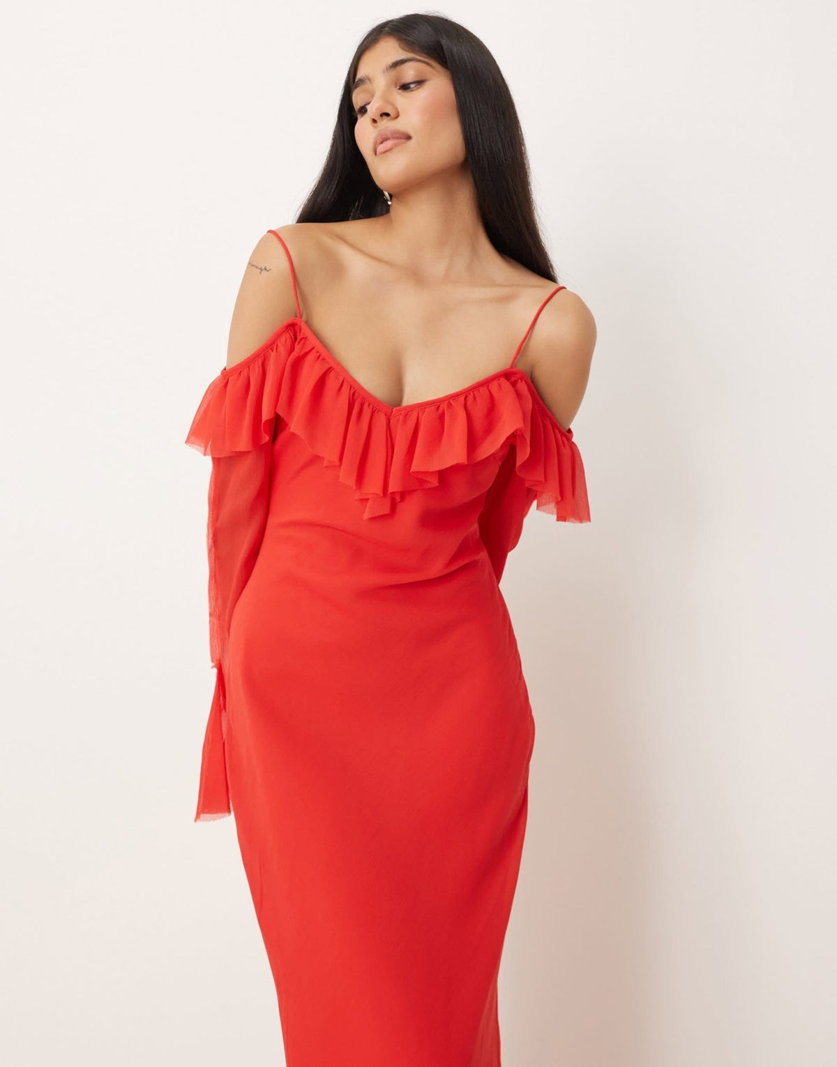 ASOS DESIGN cold shoulder frill long sleeve maxi dress in red - ASOS Sample Sale