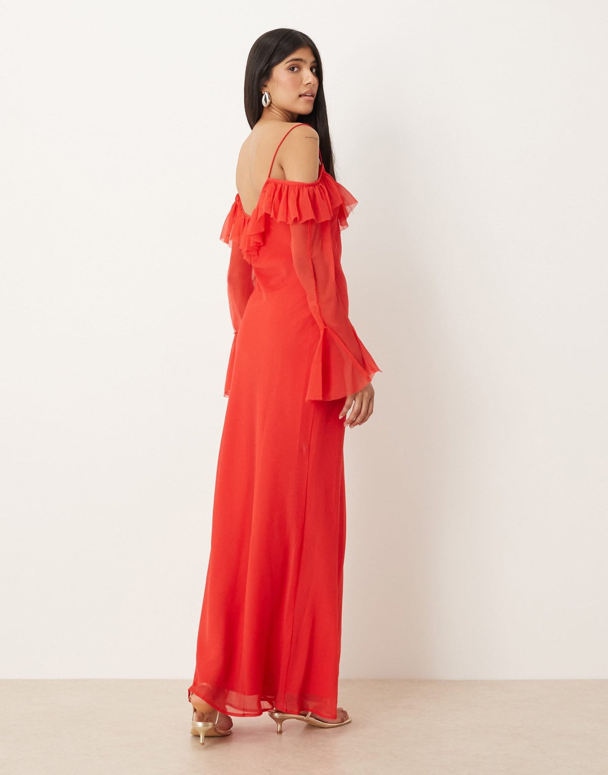 ASOS DESIGN cold shoulder frill long sleeve maxi dress in red - ASOS Sample Sale