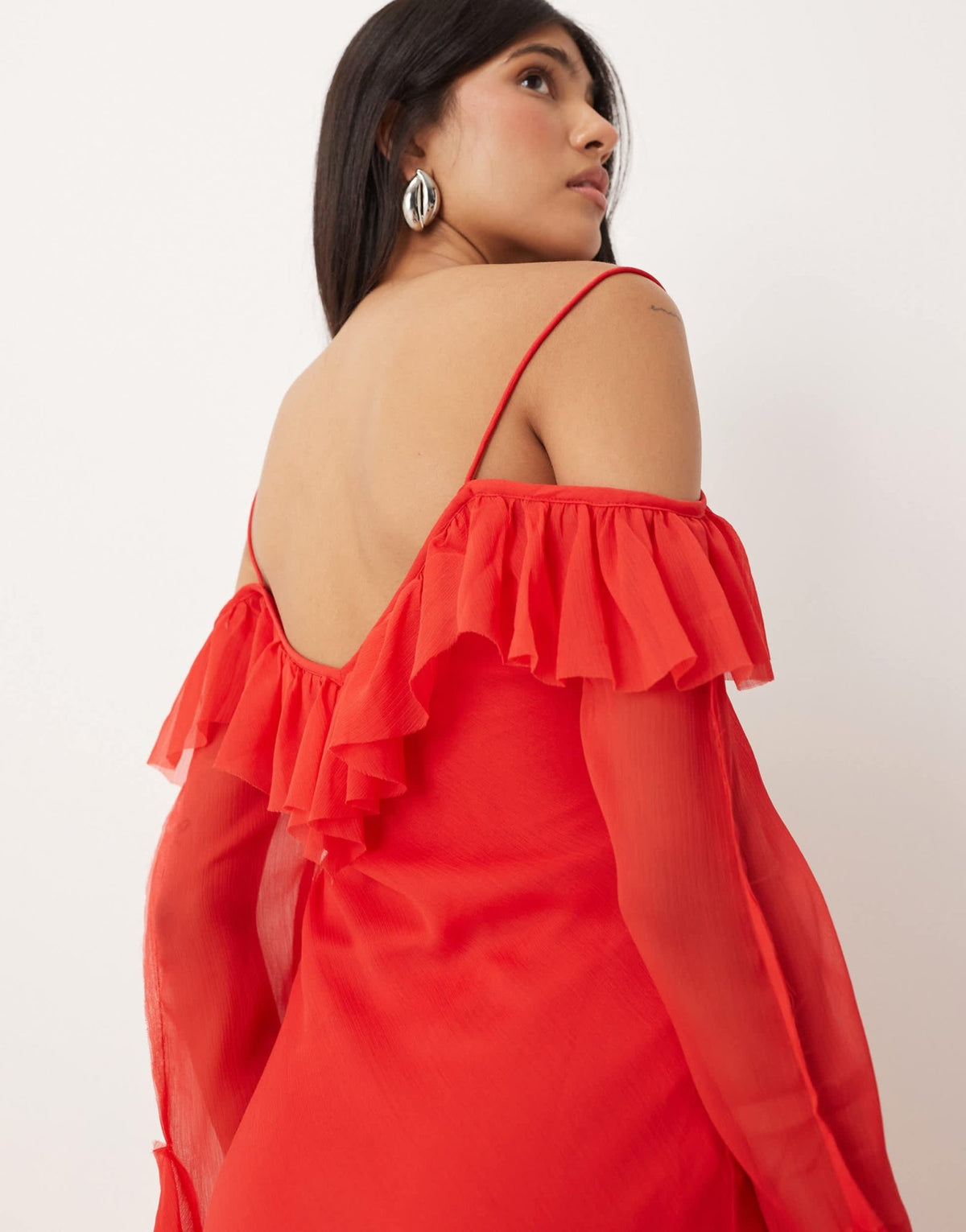 ASOS DESIGN cold shoulder frill long sleeve maxi dress in red - ASOS Sample Sale