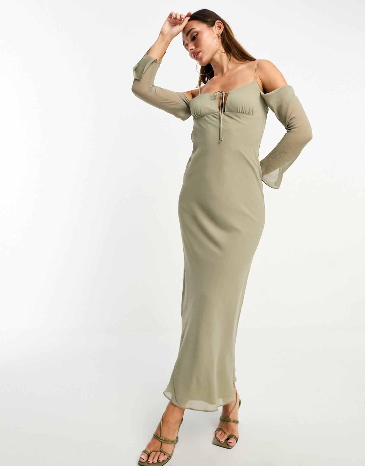 ASOS DESIGN cold shoulder long sleeve tie front bias maxi dress in khaki - ASOS Sample Sale