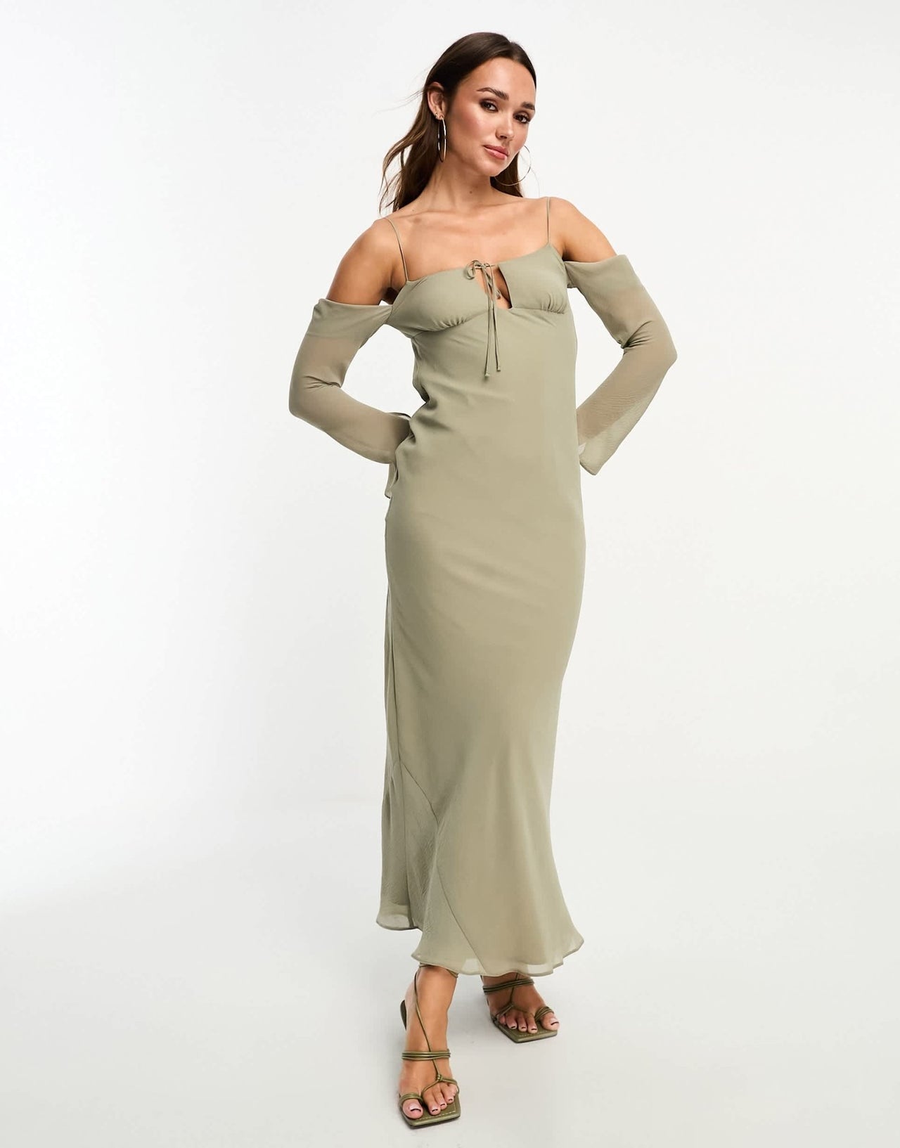 ASOS DESIGN cold shoulder long sleeve tie front bias maxi dress in khaki - ASOS Sample Sale