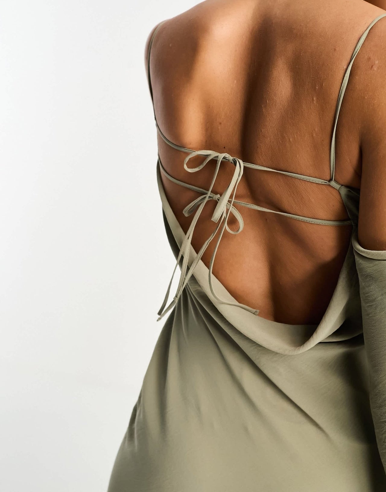 ASOS DESIGN cold shoulder long sleeve tie front bias maxi dress in khaki - ASOS Sample Sale