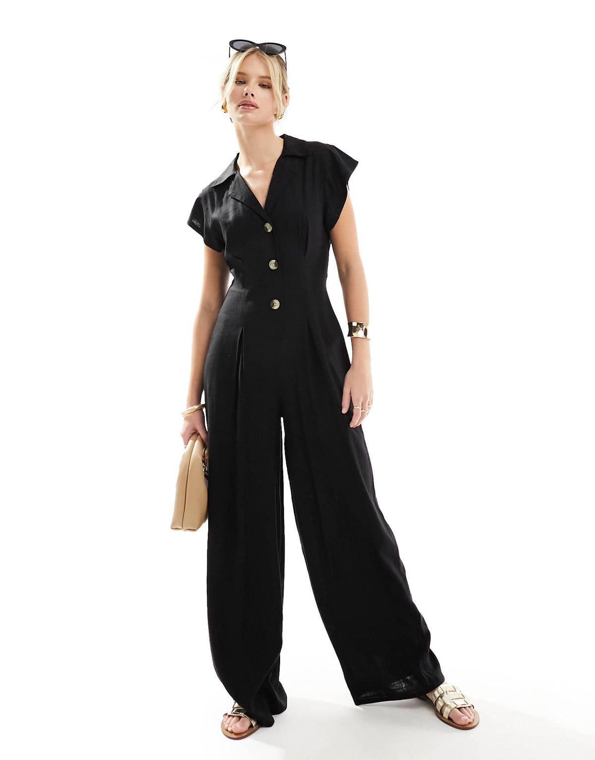 ASOS DESIGN collared linen button through jumpsuit in black - ASOS Sample Sale