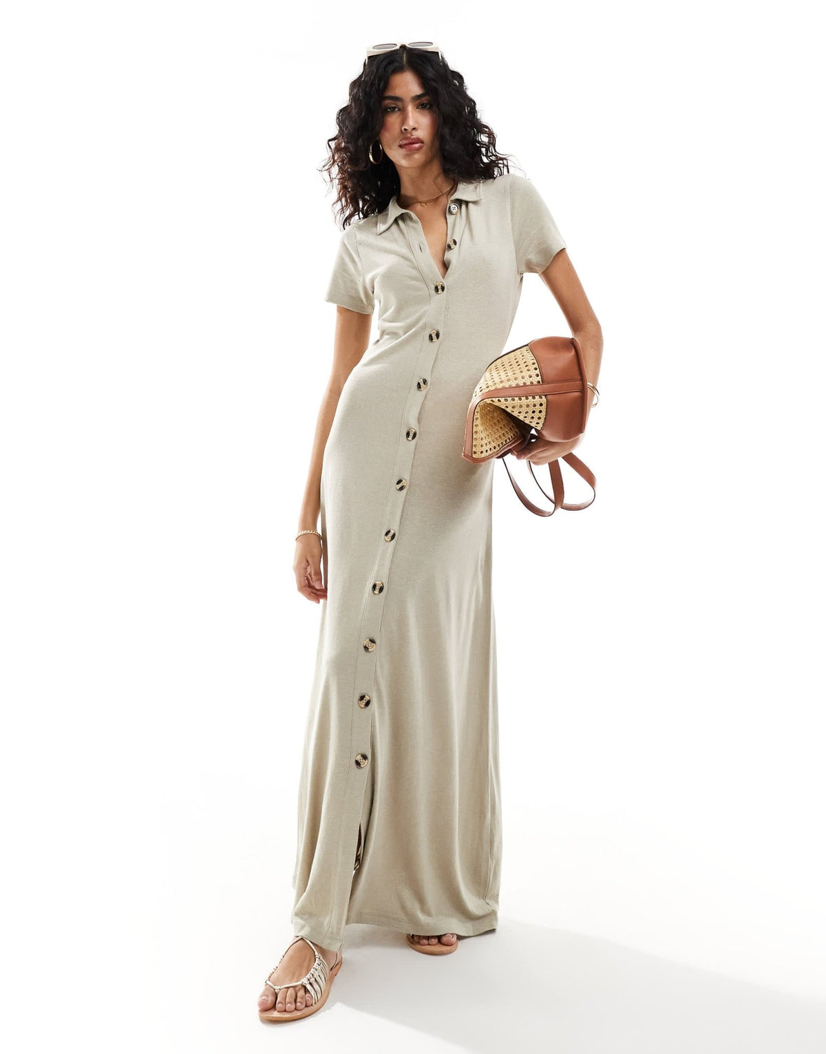 ASOS DESIGN collared linen look maxi tea dress with button front in stone - ASOS Sample Sale