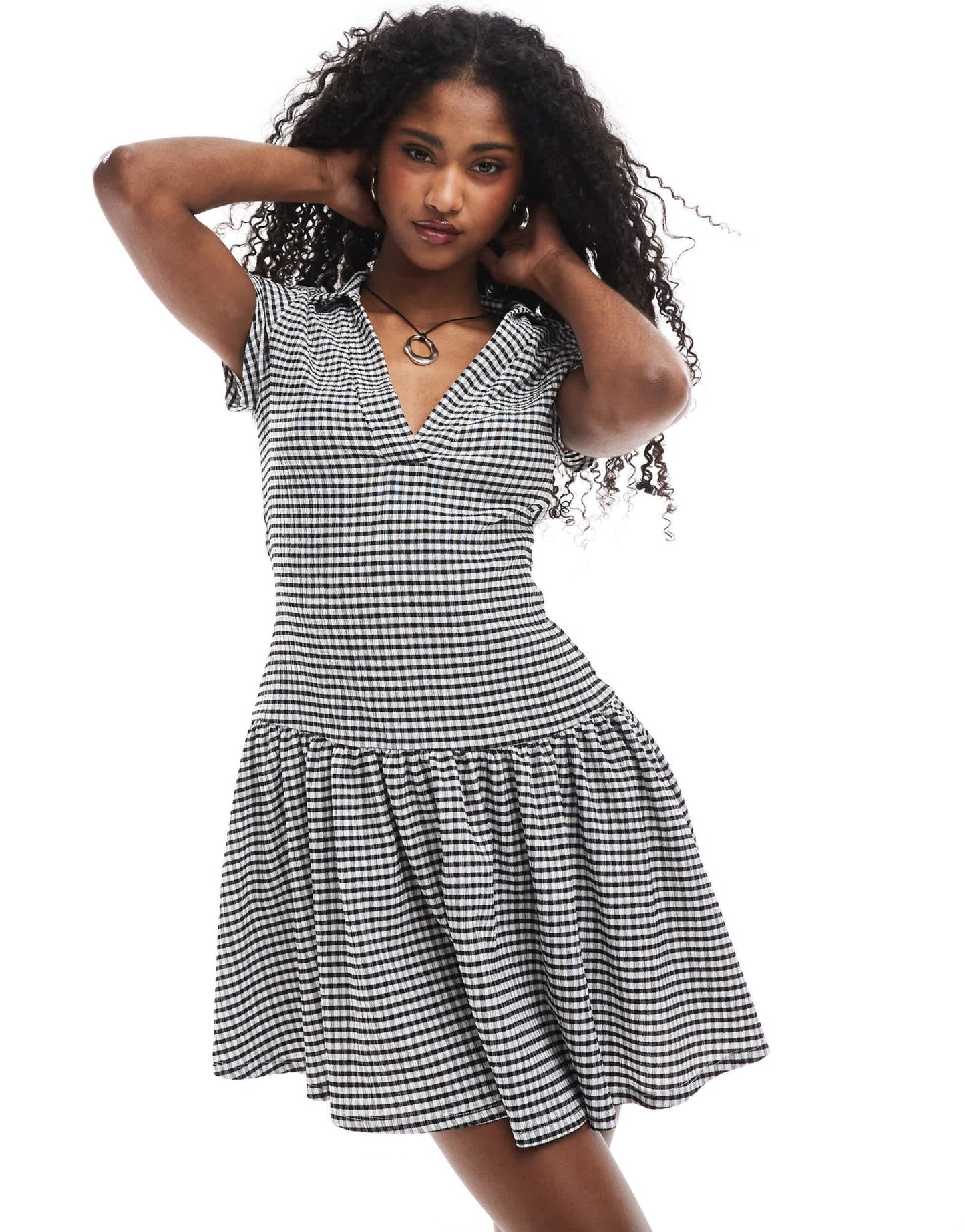 ASOS DESIGN collared short sleeve mini dress in mono gingham - ASOS Sample Sale