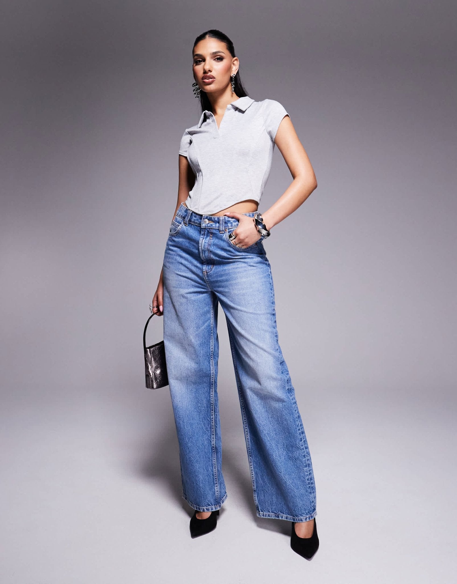 ASOS DESIGN collared short sleeve top with corset detail in grey marl - ASOS Sample Sale