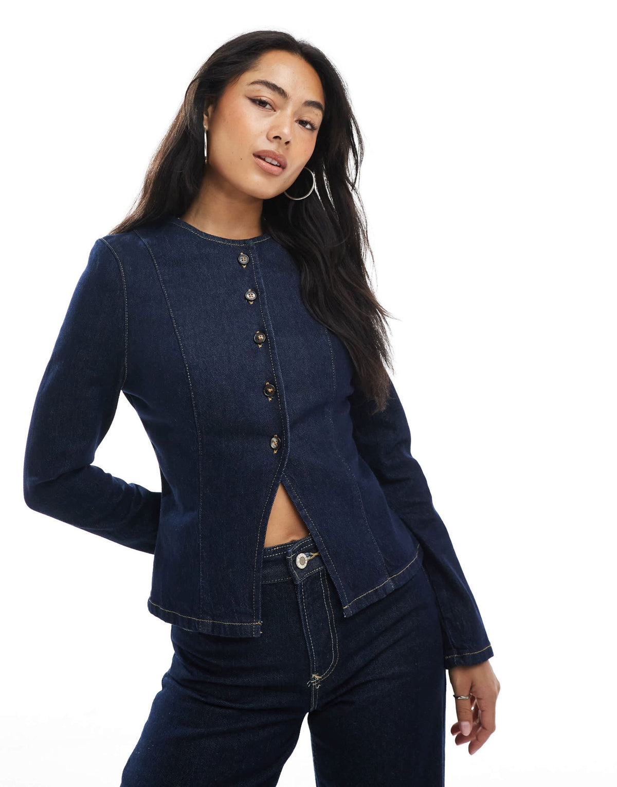 ASOS DESIGN collarless denim jacket with shoulder pads and cinched waist in rinse wash - ASOS Sample Sale