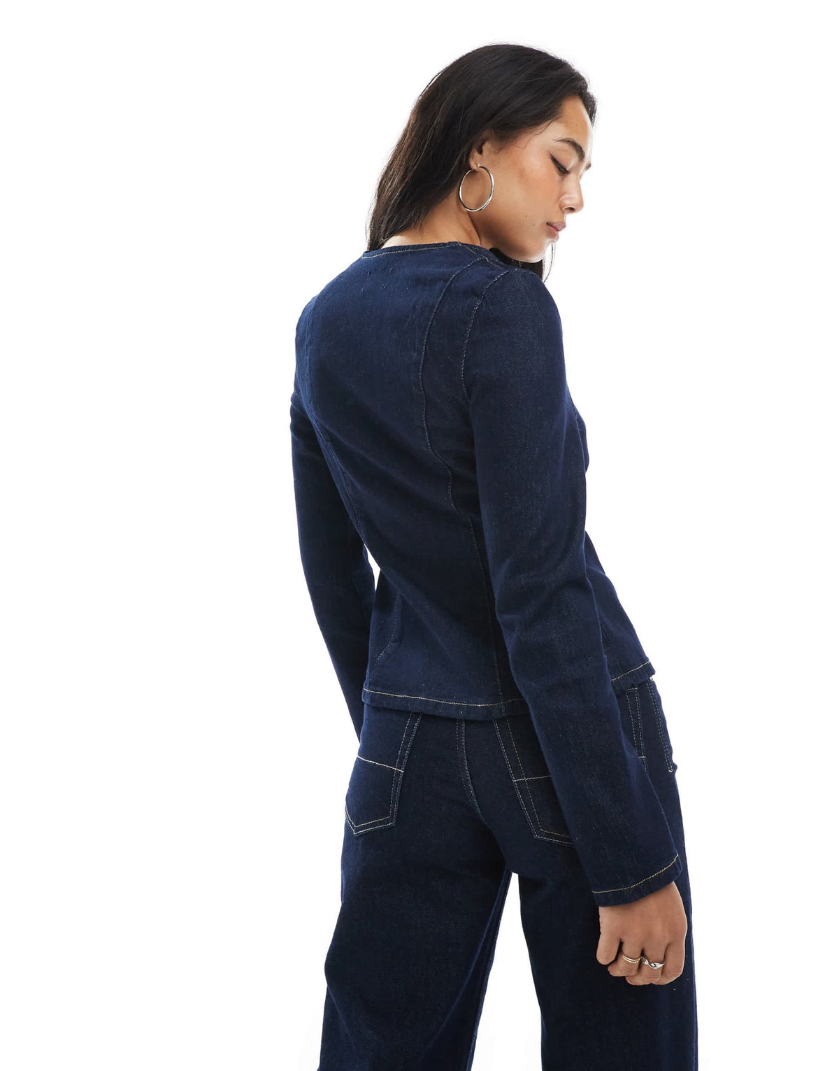 ASOS DESIGN collarless denim jacket with shoulder pads and cinched waist in rinse wash - ASOS Sample Sale