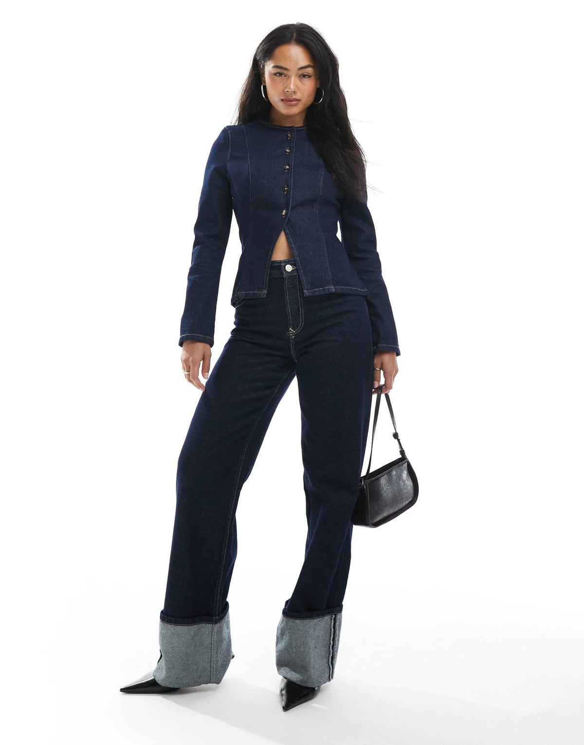 ASOS DESIGN collarless denim jacket with shoulder pads and cinched waist in rinse wash - ASOS Sample Sale