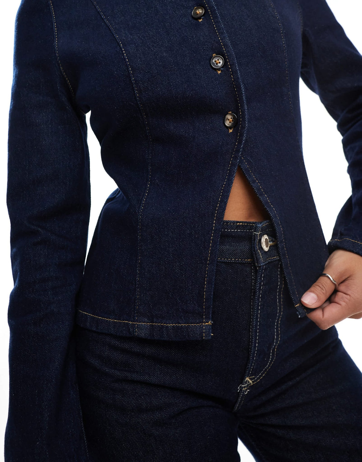 ASOS DESIGN collarless denim jacket with shoulder pads and cinched waist in rinse wash - ASOS Sample Sale