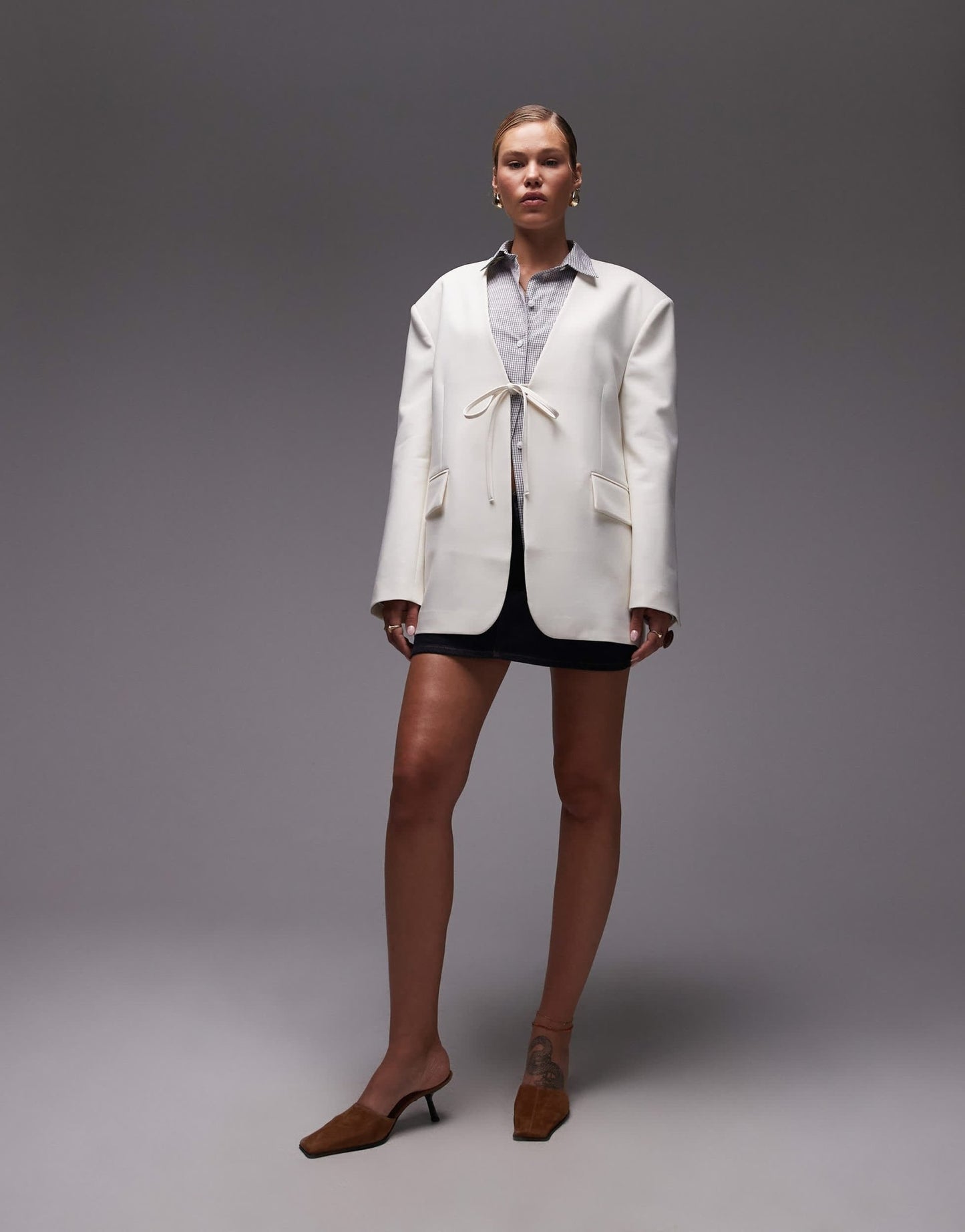 ASOS DESIGN collarless oversized tie front blazer in cream - ASOS Sample Sale