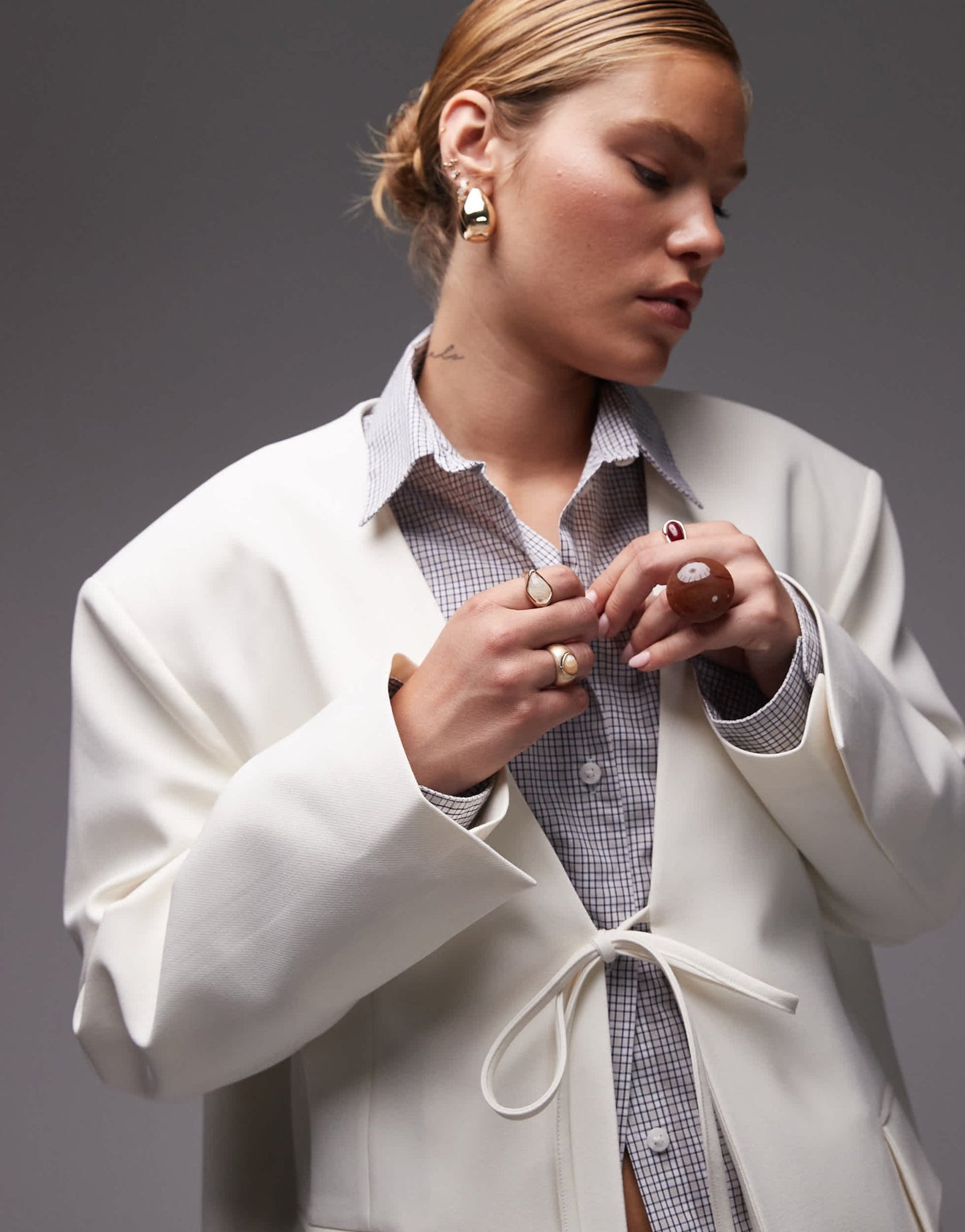 ASOS DESIGN collarless oversized tie front blazer in cream - ASOS Sample Sale