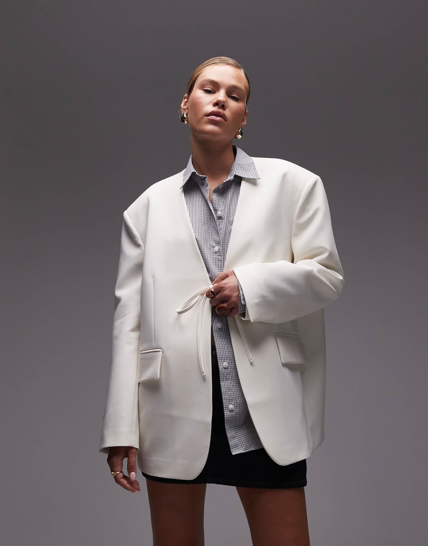 ASOS DESIGN collarless oversized tie front blazer in cream - ASOS Sample Sale