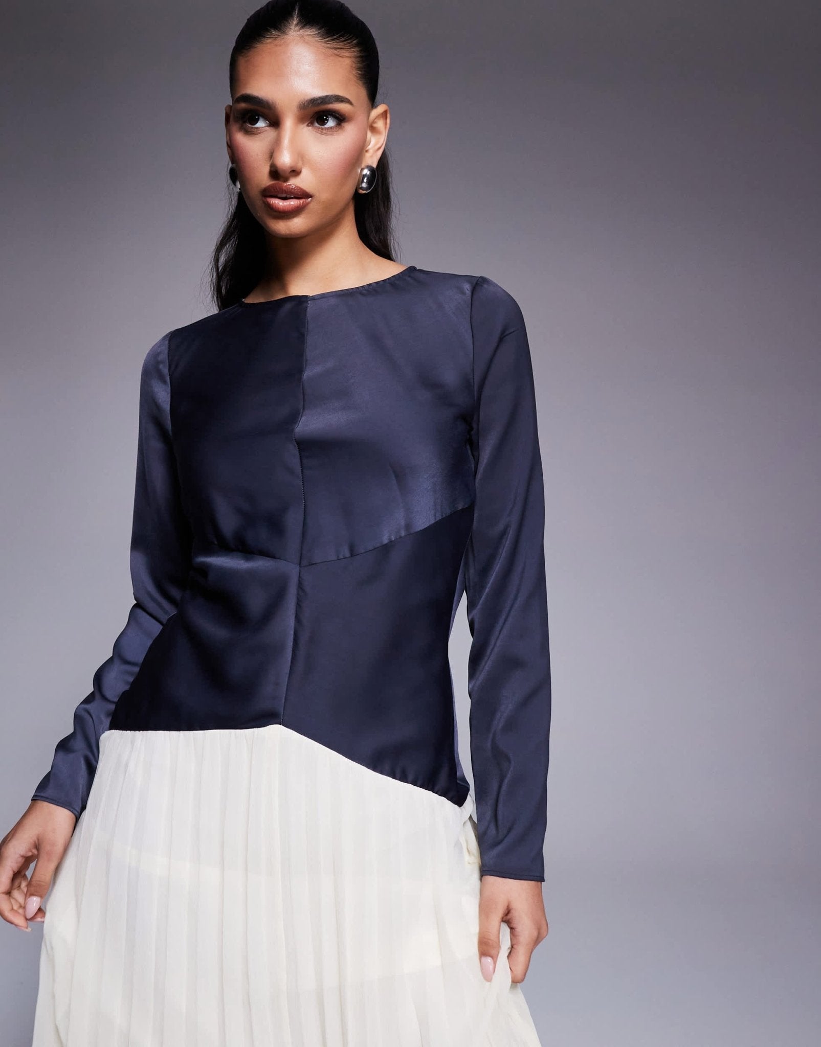 ASOS DESIGN colour block dropped waist pleated skirt maxi dress in navy and cream - ASOS Sample Sale
