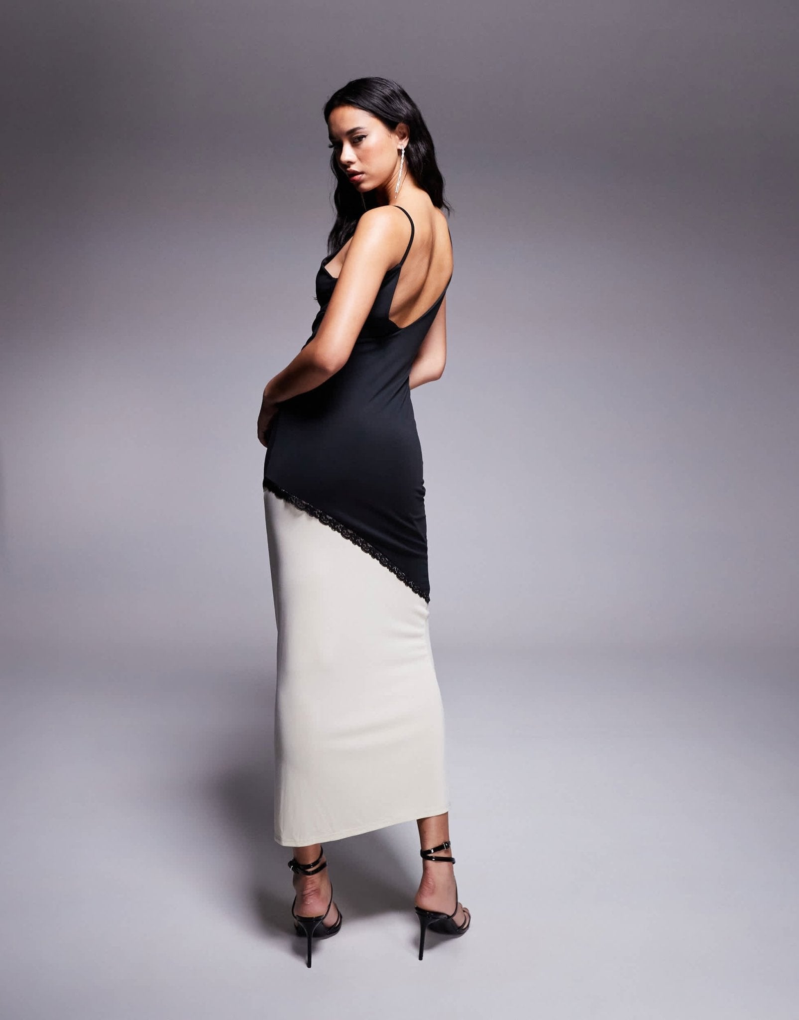 ASOS DESIGN colour block maxi slip dress with lace trim details in mono - ASOS Sample Sale