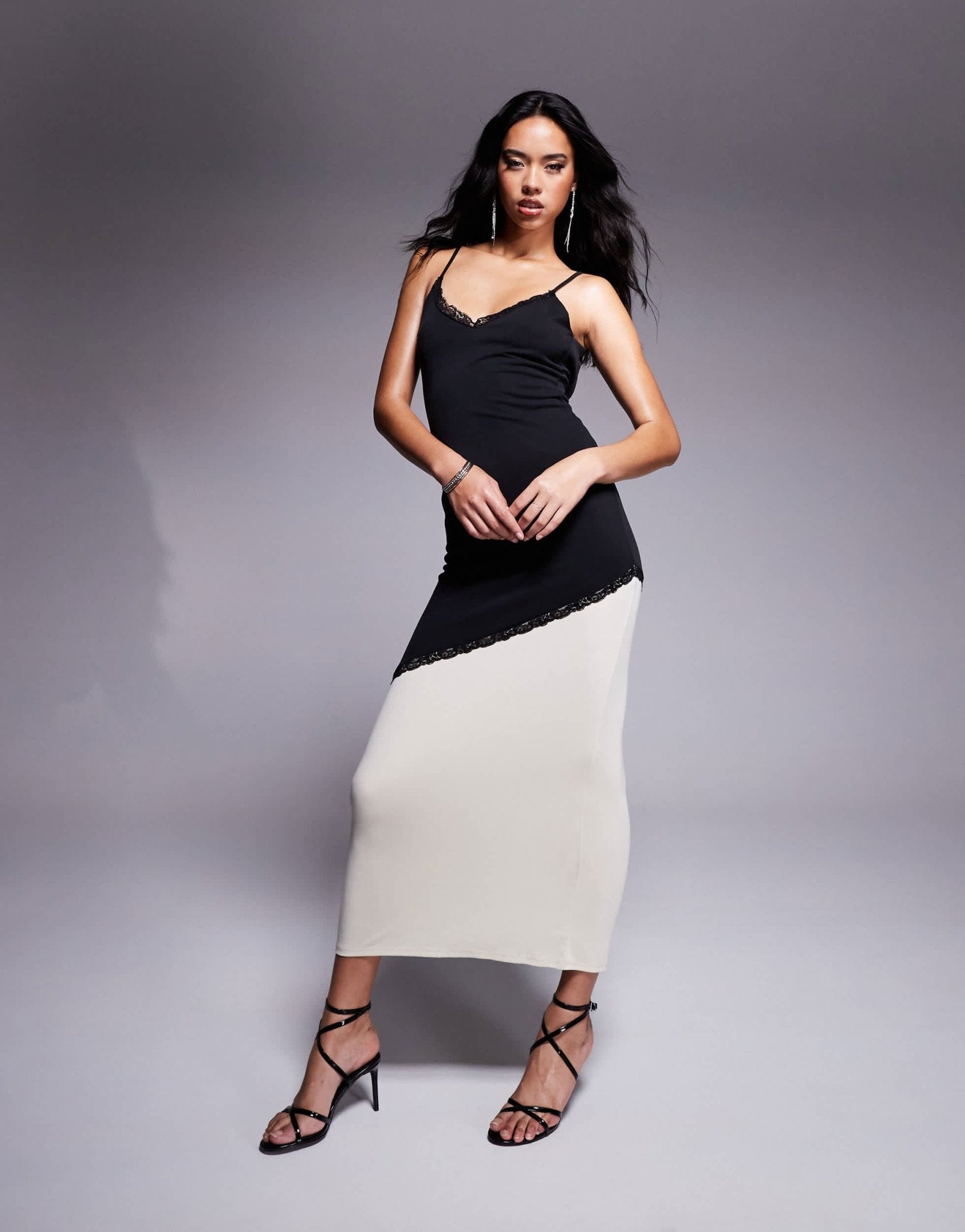 ASOS DESIGN colour block maxi slip dress with lace trim details in mono - ASOS Sample Sale