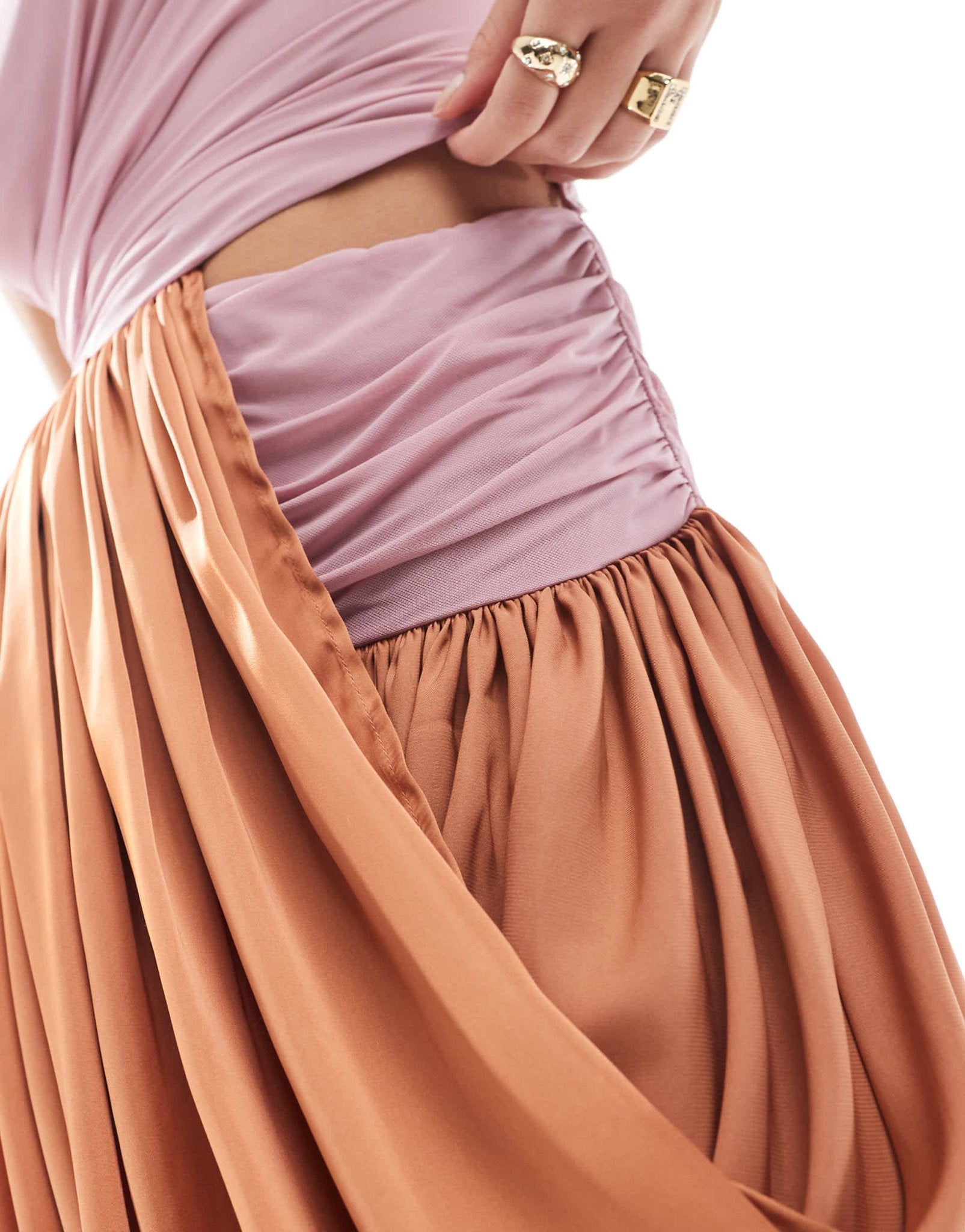 ASOS DESIGN colour block mini dress with satin drape skirt in pink & rust - ASOS Sample Sale