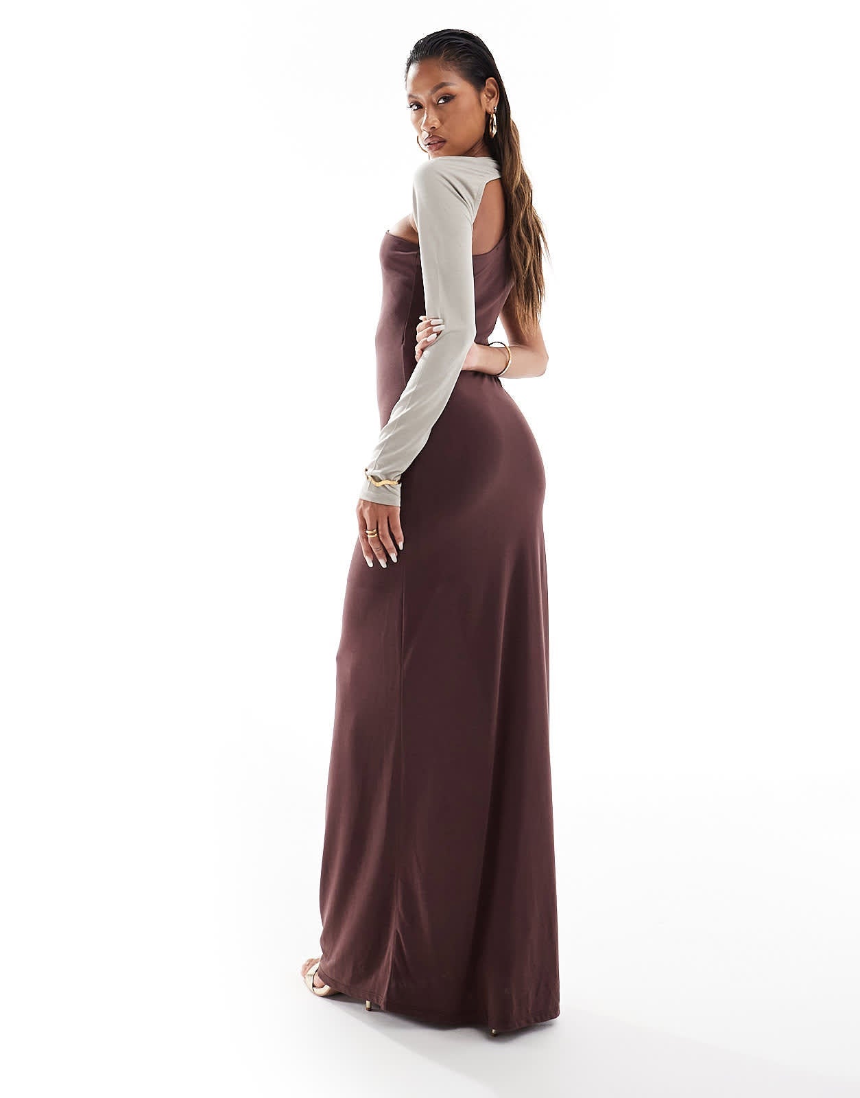ASOS DESIGN colour block wrap around sleeve maxi dress with trim hardware in chocolate - ASOS Sample Sale