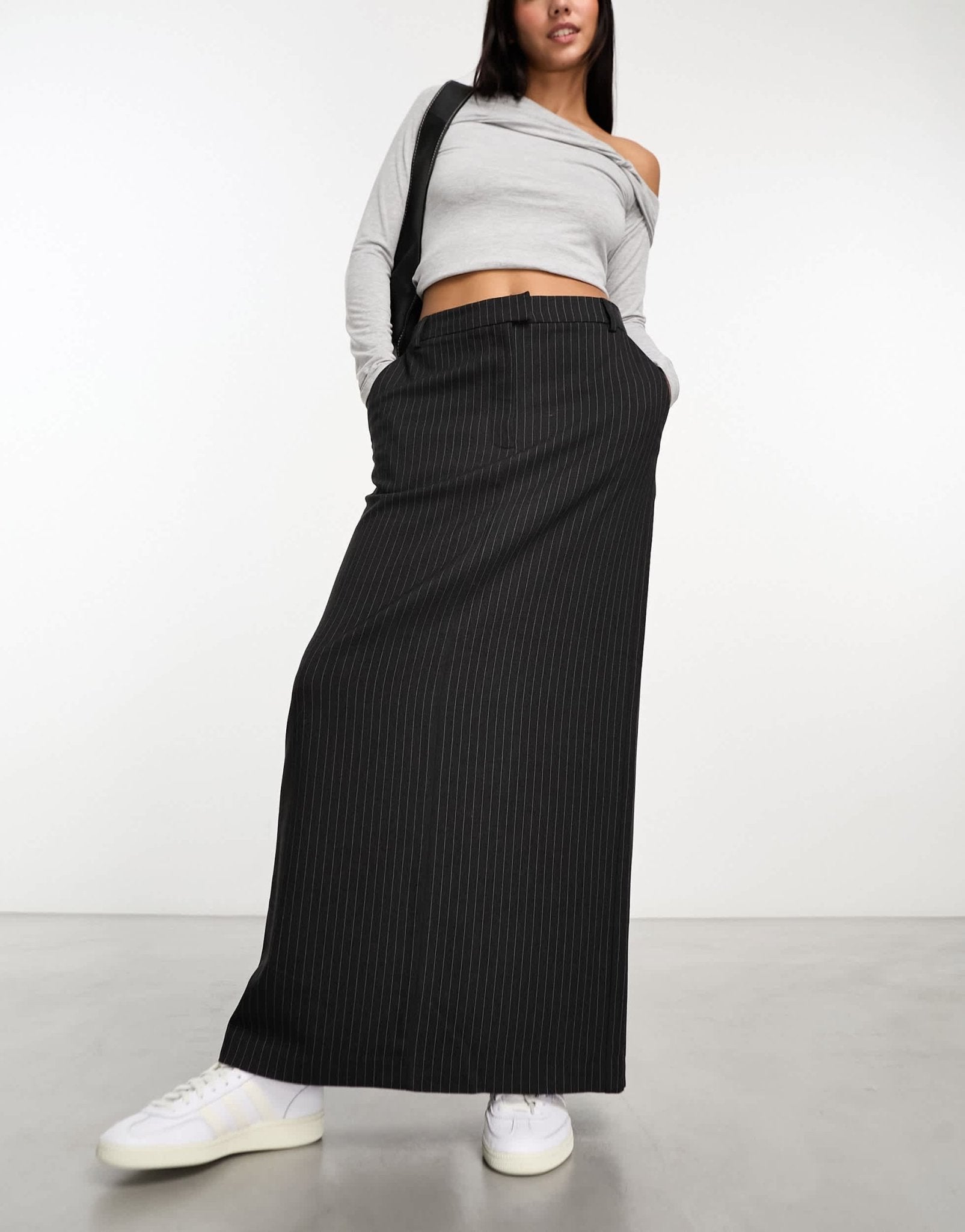 ASOS DESIGN column maxi skirt with split in charcoal stripe - ASOS Sample Sale