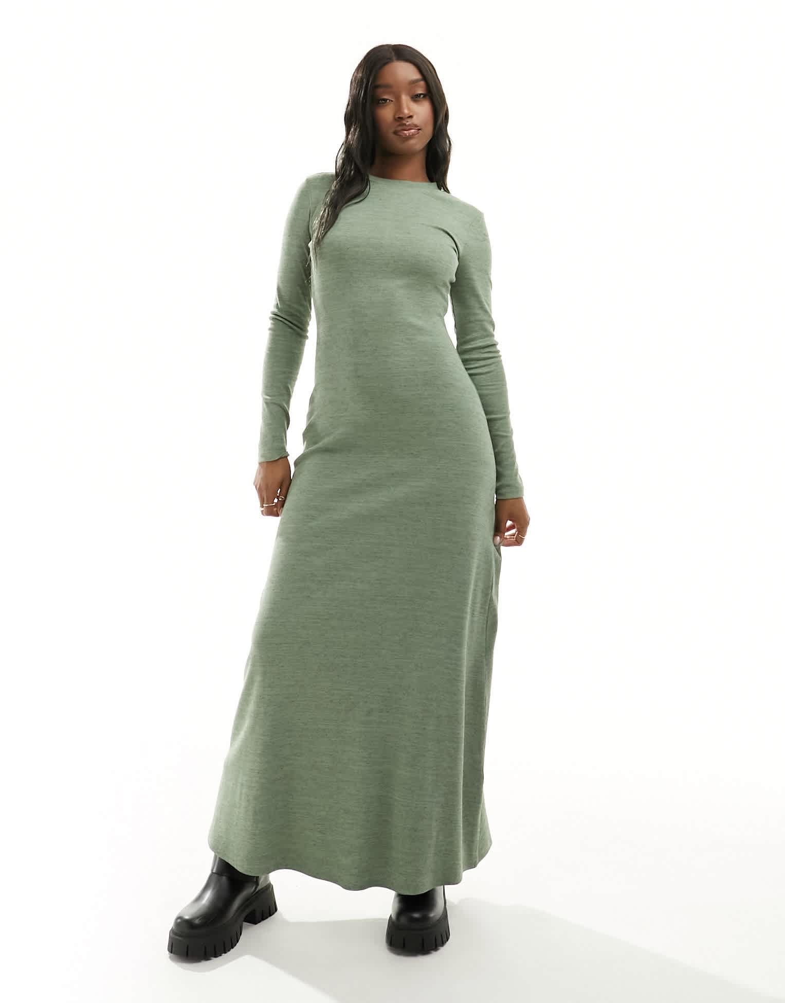 ASOS DESIGN column ribbed maxi dress with crew neck in khaki - ASOS Sample Sale