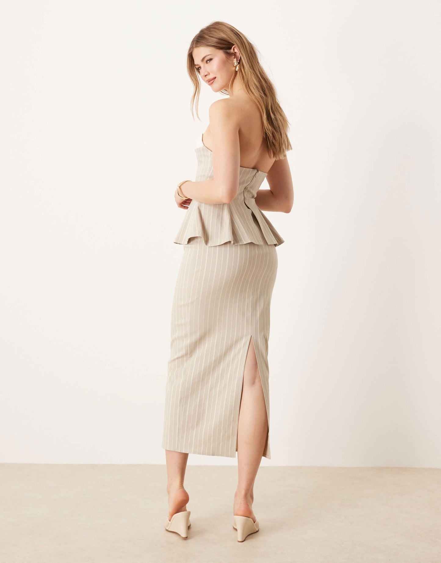 ASOS DESIGN contrast cup bengaline bandeau overlay midi dress in natural stripe - ASOS Sample Sale