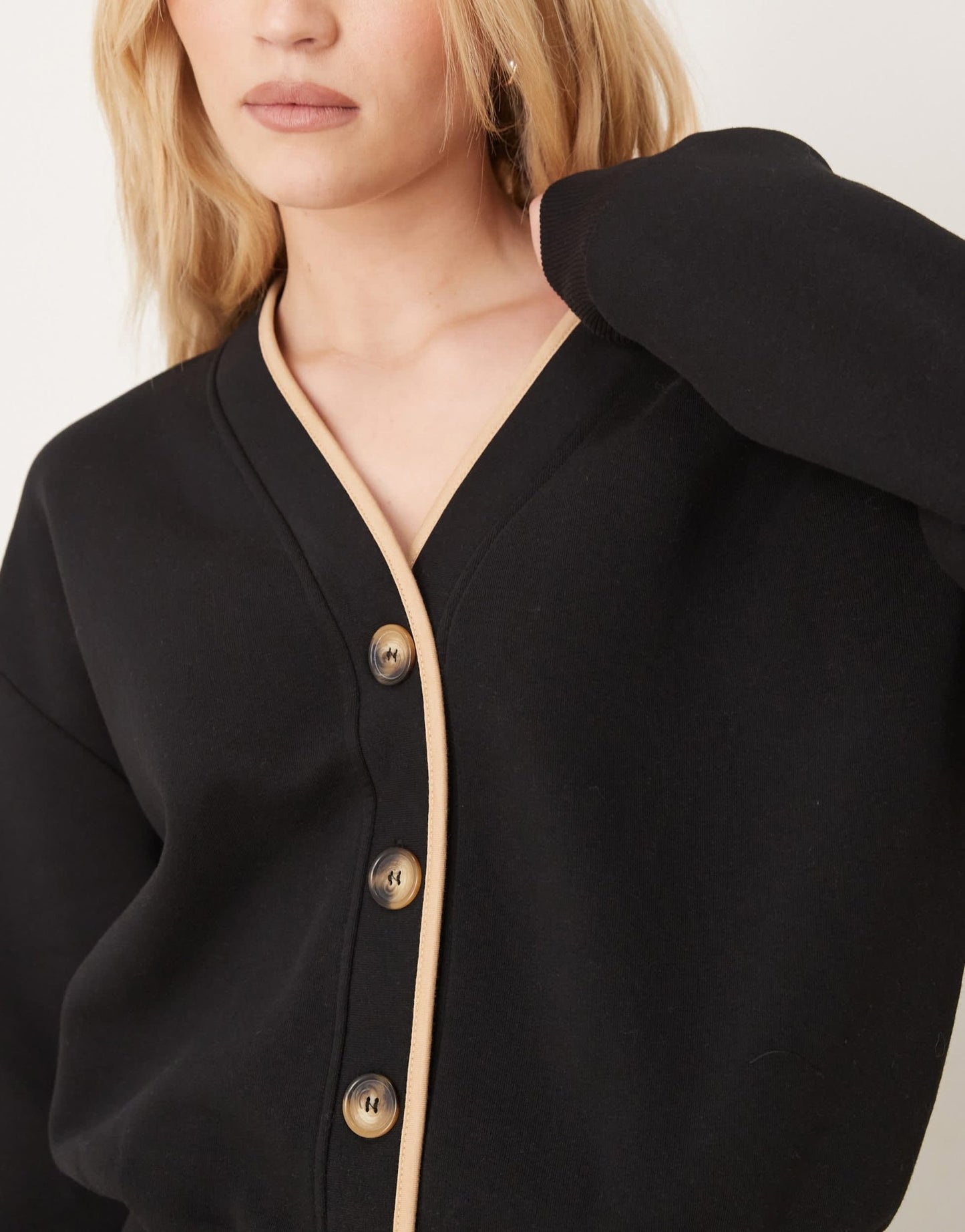 ASOS DESIGN contrast piping sweat cardigan co ord in black - ASOS Sample Sale