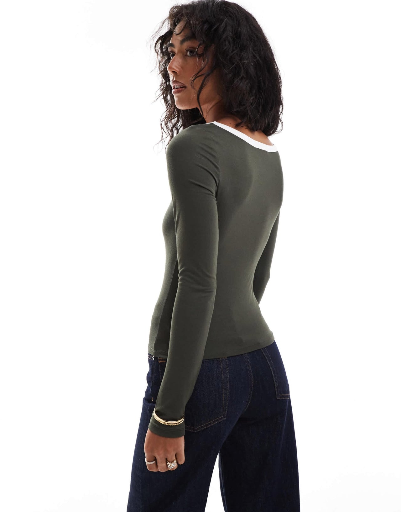 ASOS DESIGN contrast sweetheart long sleeve top in khaki - ASOS Sample Sale
