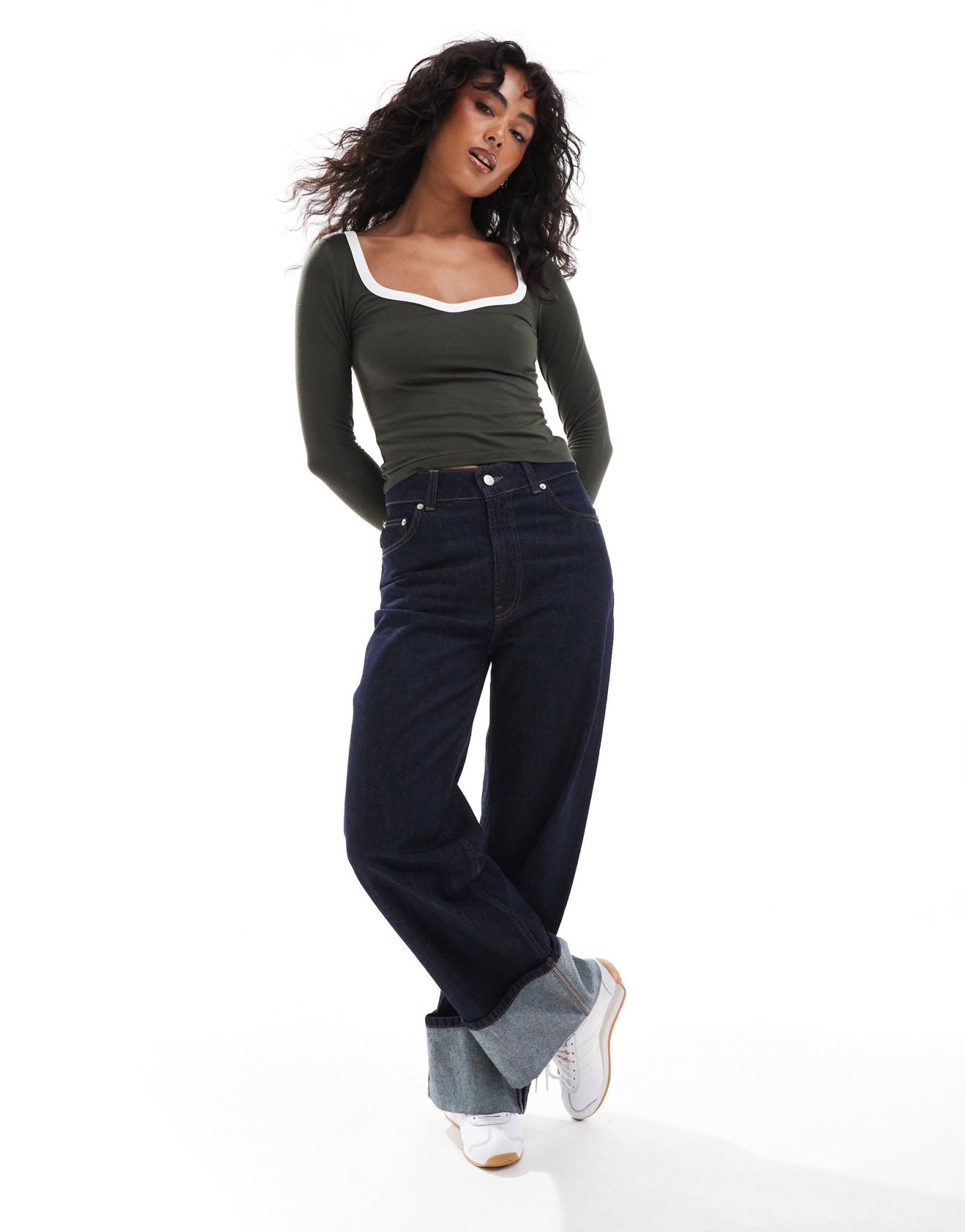 ASOS DESIGN contrast sweetheart long sleeve top in khaki - ASOS Sample Sale