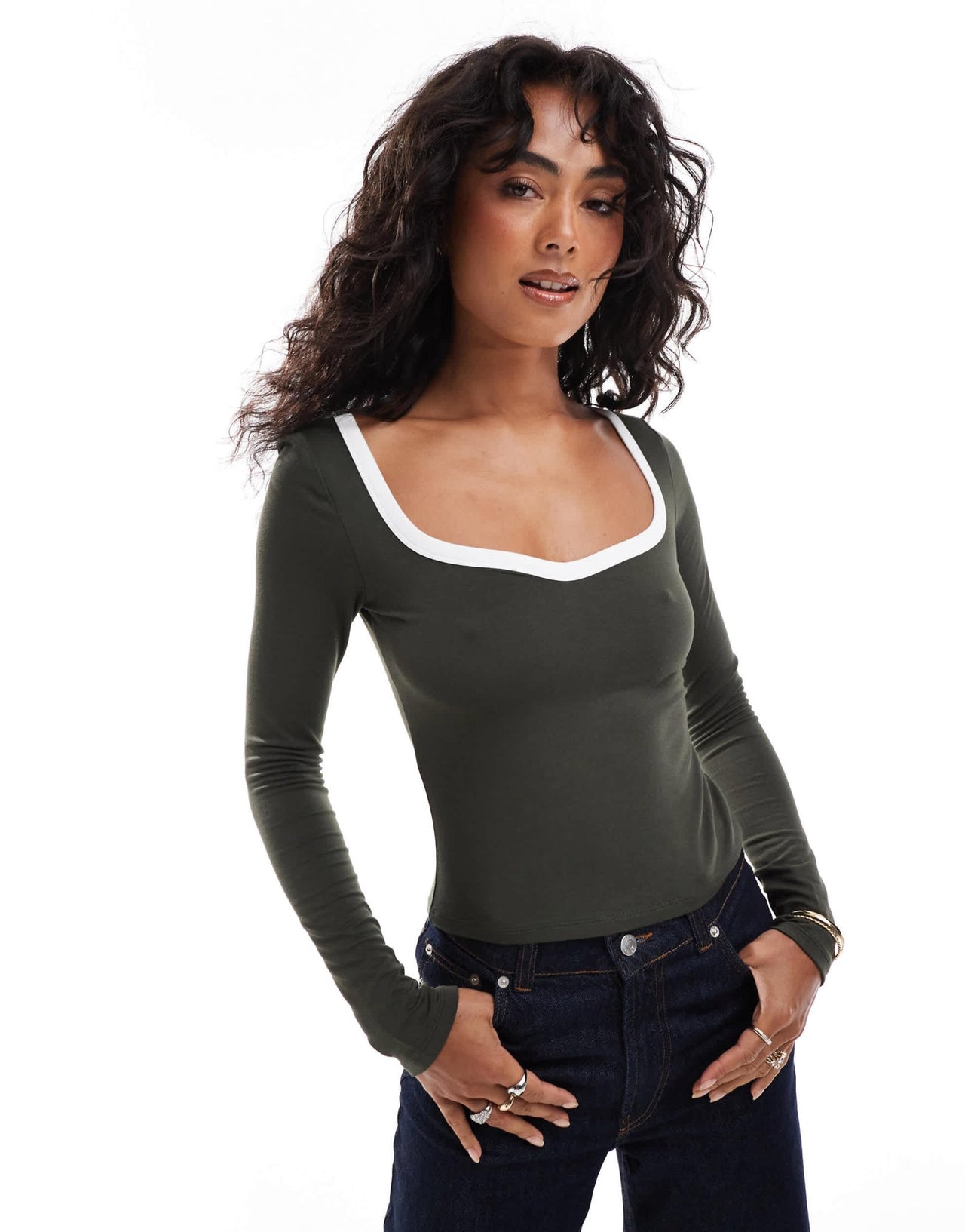 ASOS DESIGN contrast sweetheart long sleeve top in khaki - ASOS Sample Sale