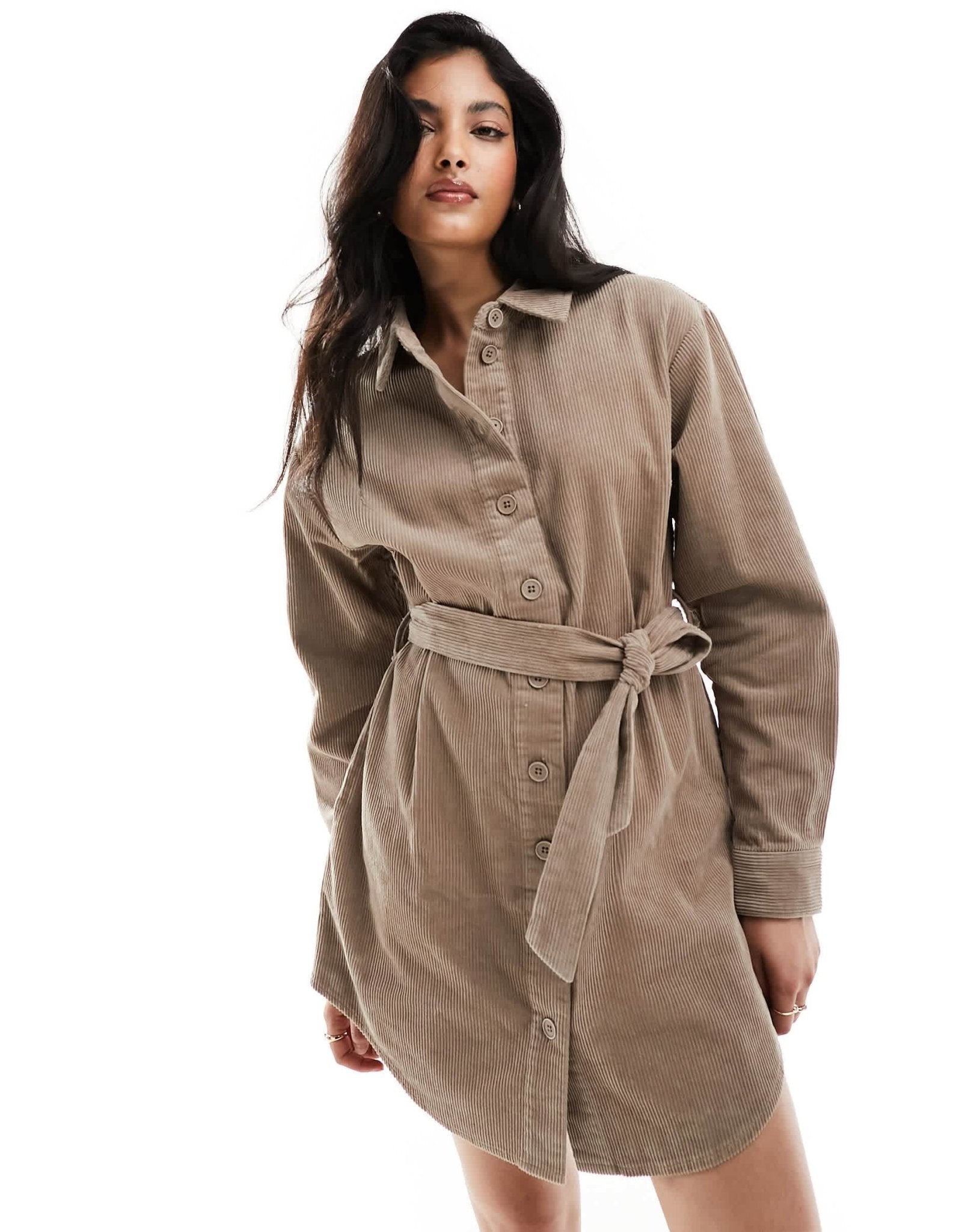 ASOS DESIGN cord belted shirt dress in brown - ASOS Sample Sale