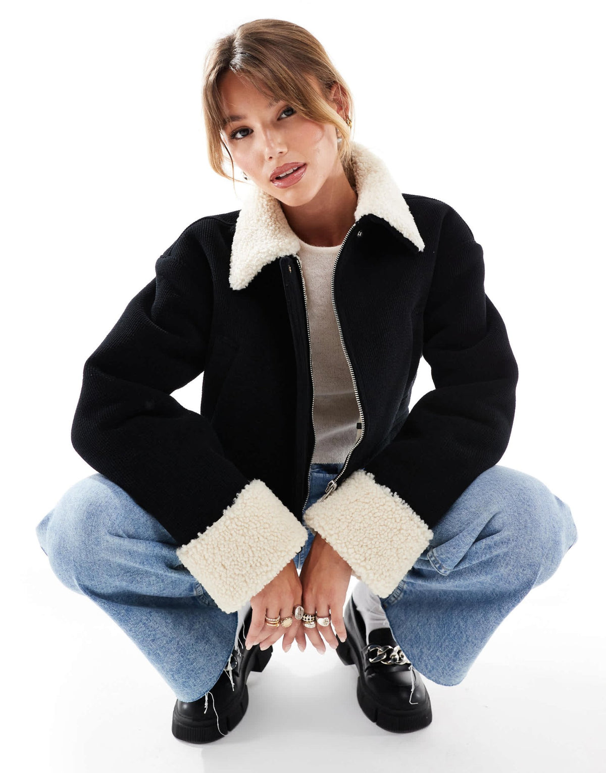 ASOS DESIGN cord bonded jacket with shearling collar in black - ASOS Sample Sale