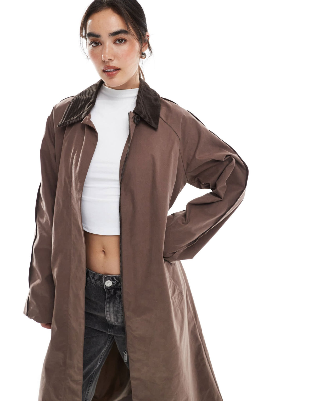 ASOS DESIGN cord collar trench coat in brown - ASOS Sample Sale