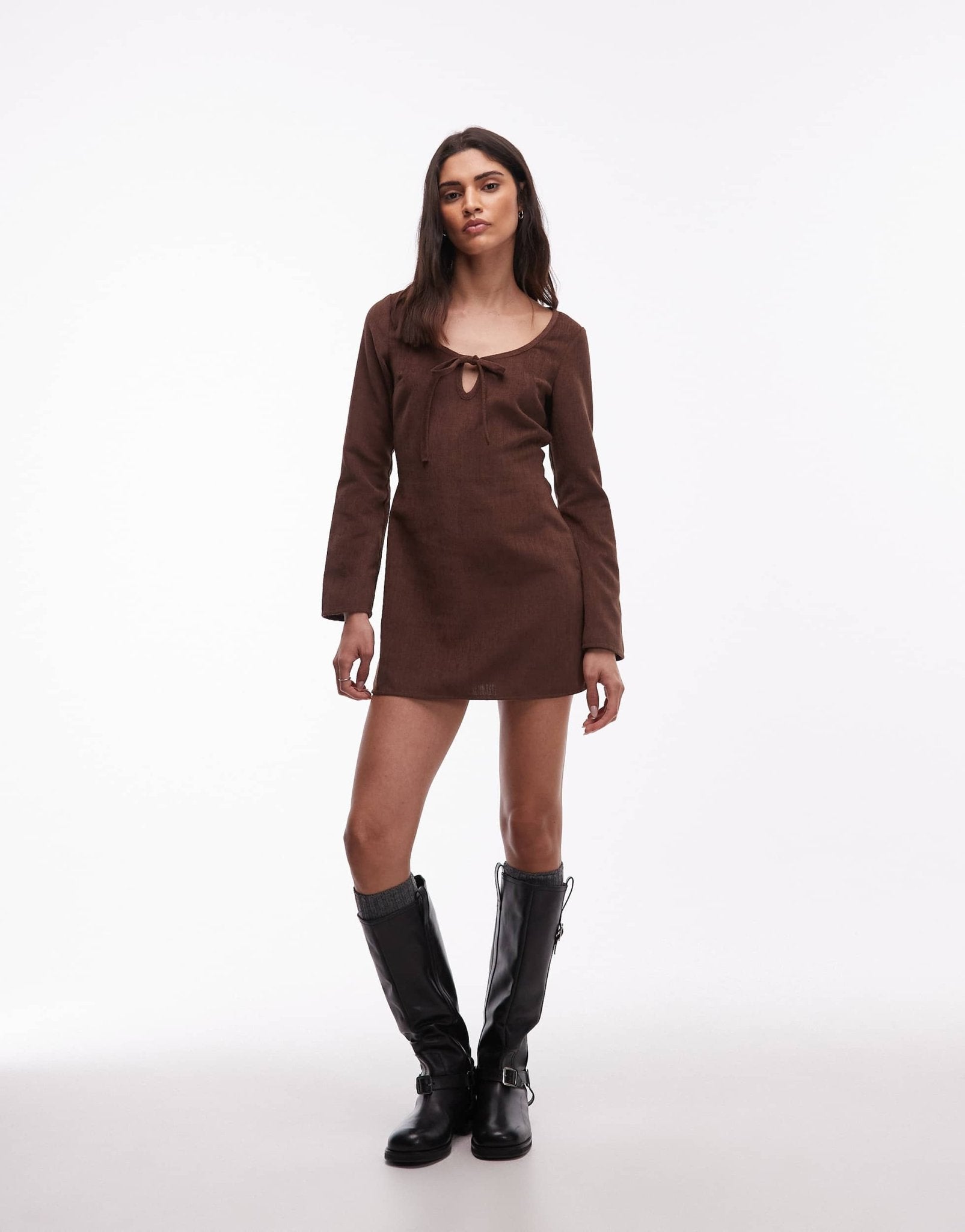 ASOS DESIGN cord long sleeve scoop neck swing dress in chocolate - ASOS Sample Sale