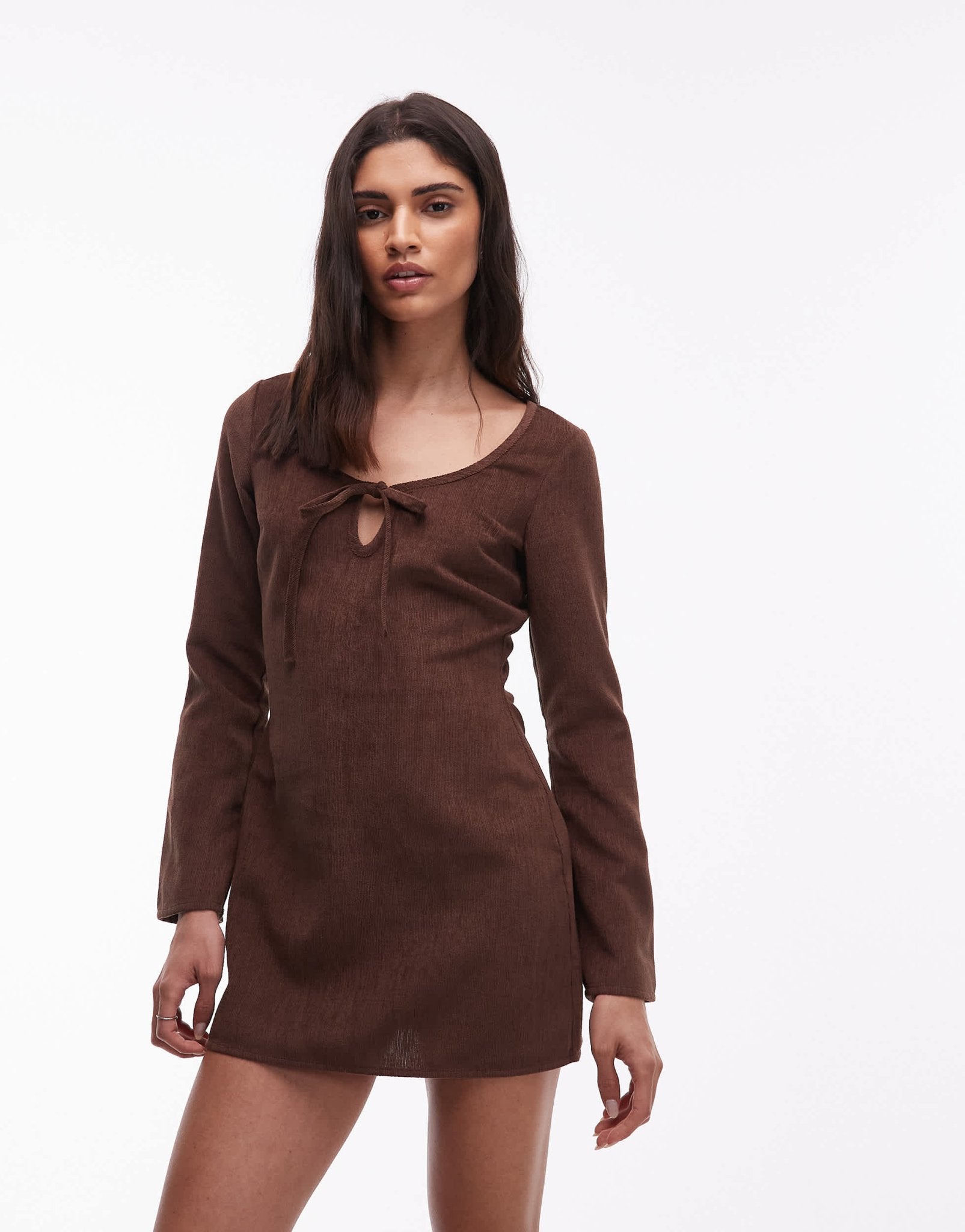 ASOS DESIGN cord long sleeve scoop neck swing dress in chocolate - ASOS Sample Sale