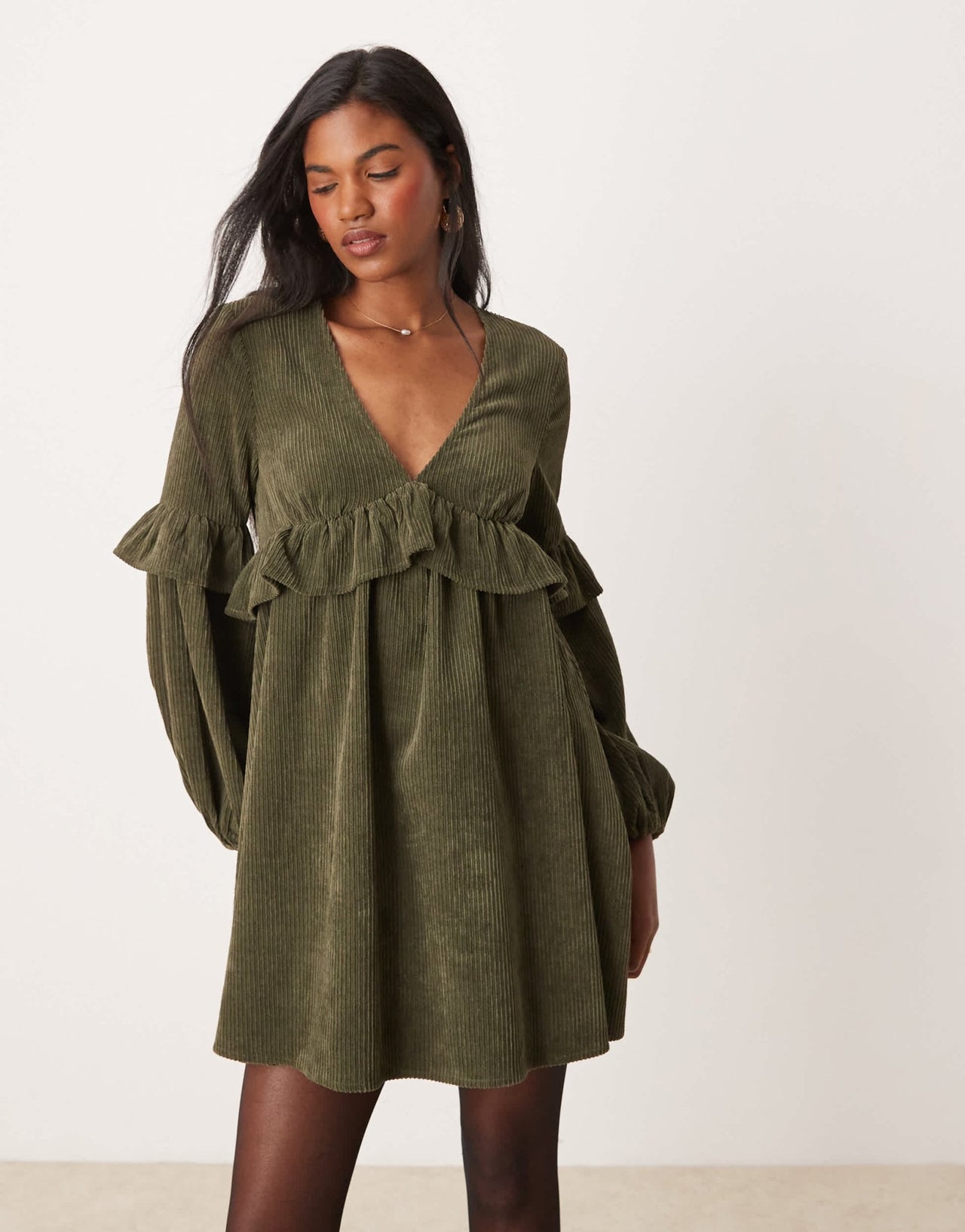ASOS DESIGN cord smock mini dress with frill detail in deep olive - ASOS Sample Sale