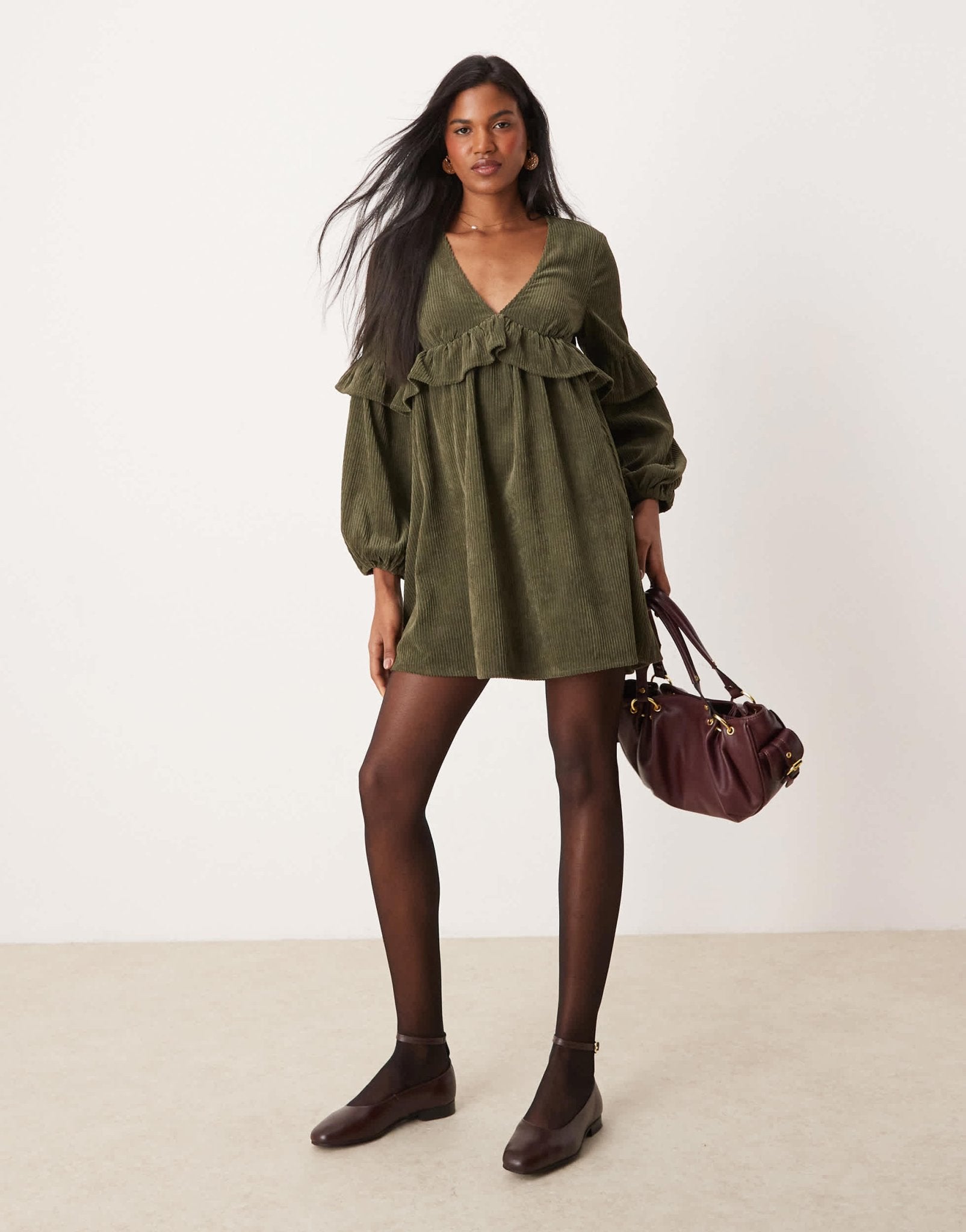 ASOS DESIGN cord smock mini dress with frill detail in deep olive - ASOS Sample Sale